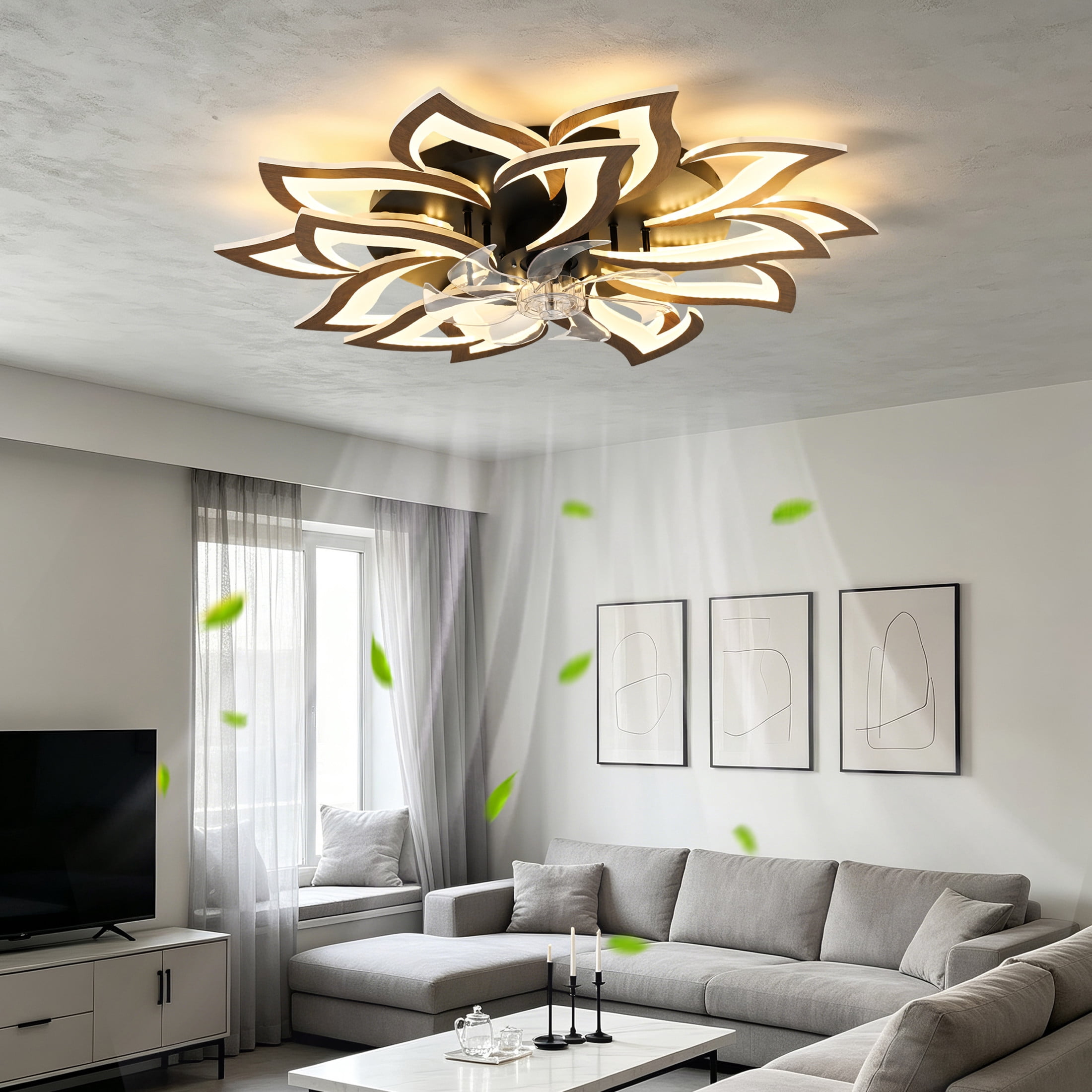 GDF Studio 15-Head Flower Modern Ceiling Fan with LED Lights & Remote Control, Low Profile Flush Mount Fandelier, Wood
