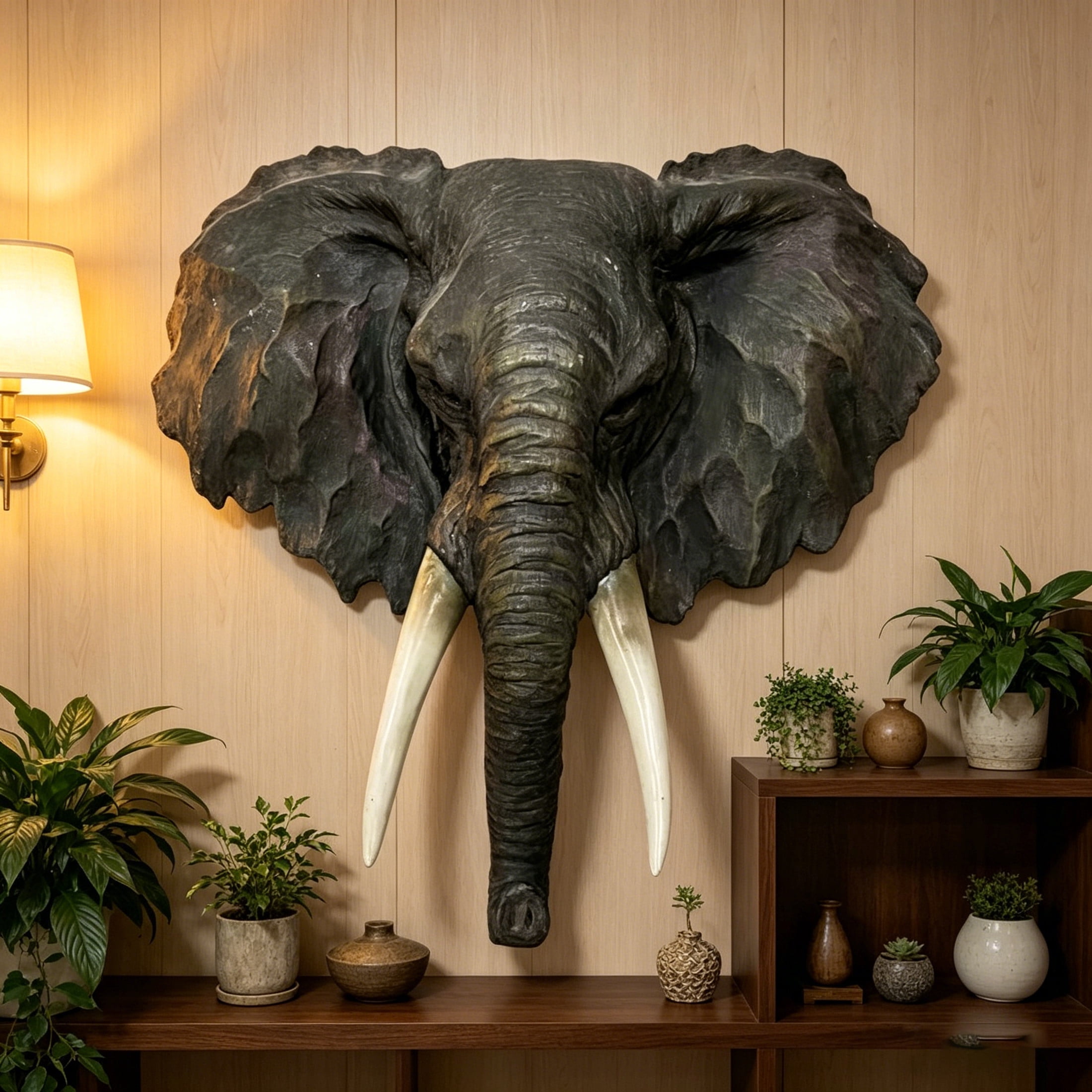 GDF Studio 15" Realistic African Elephant Head Wall Sculpture, Deep Gray Resin Animal Decor Gifts for Wildlife Lovers