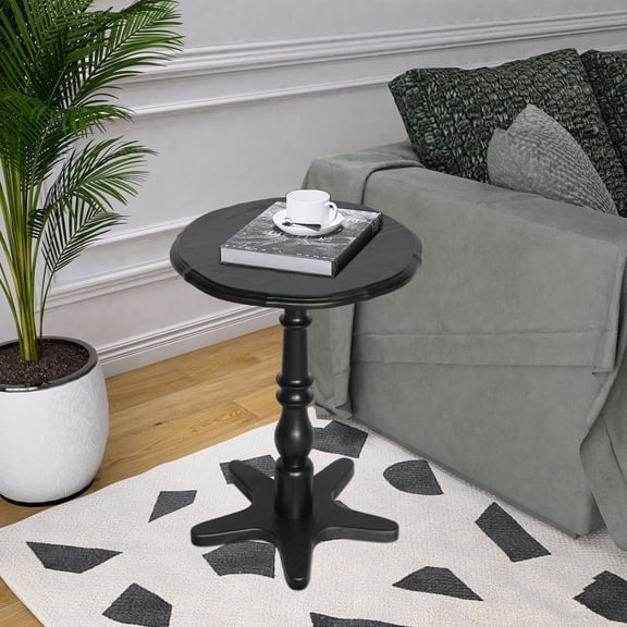 GDF Studio 16" Round Small End Table, Modern Wooden Pedestal Side Table, Vintage Accent Nightstand, Black