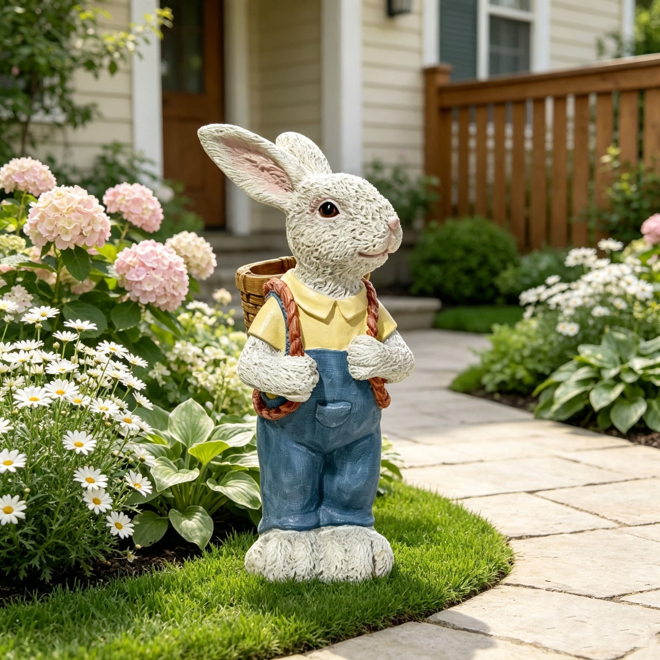 GDF Studio 16" Whimsical Rabbit Garden Statue with Flower Pot Backpack, Weatherproof Resin Crafts Sculpture Decor
