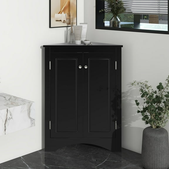 GDF Studio 17.2" Triangle Bathroom Storage Cabinet, Freestanding Corner Floor Cabinet, Adjustable Shelf, Black