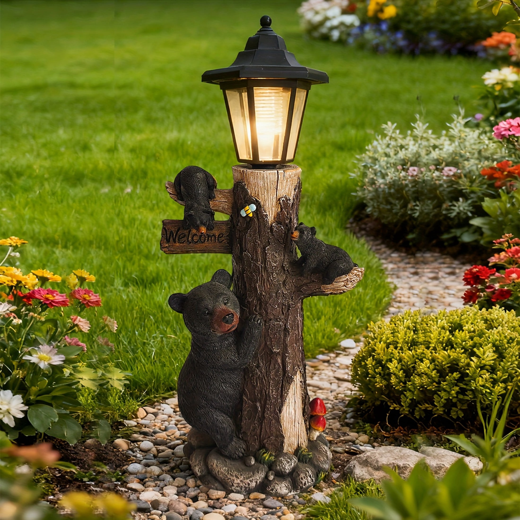 GDF Studio 18" Bear Family Tree Statue with Solar-Powered Light and Welcome Sign for Courtyard, Garden and Patio, Black