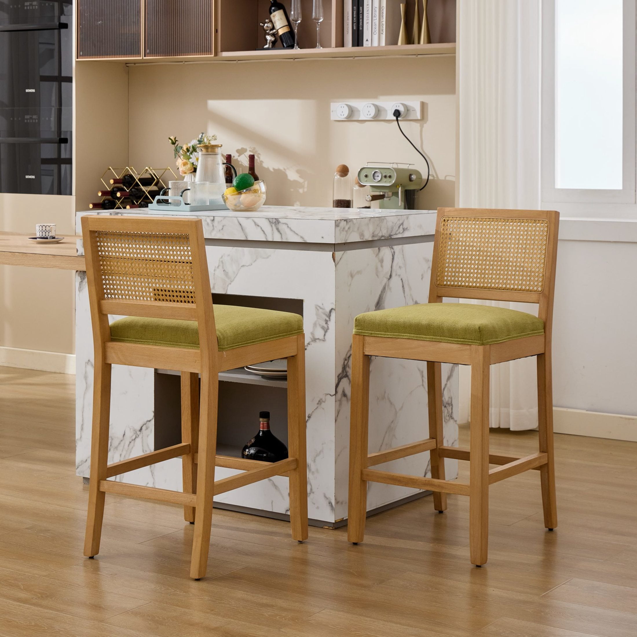 GDF Studio 19.7" Rustic Bar Stools Set of 2 with Linen Cushioned Seat & Rattan-Inspired Backrest, Green