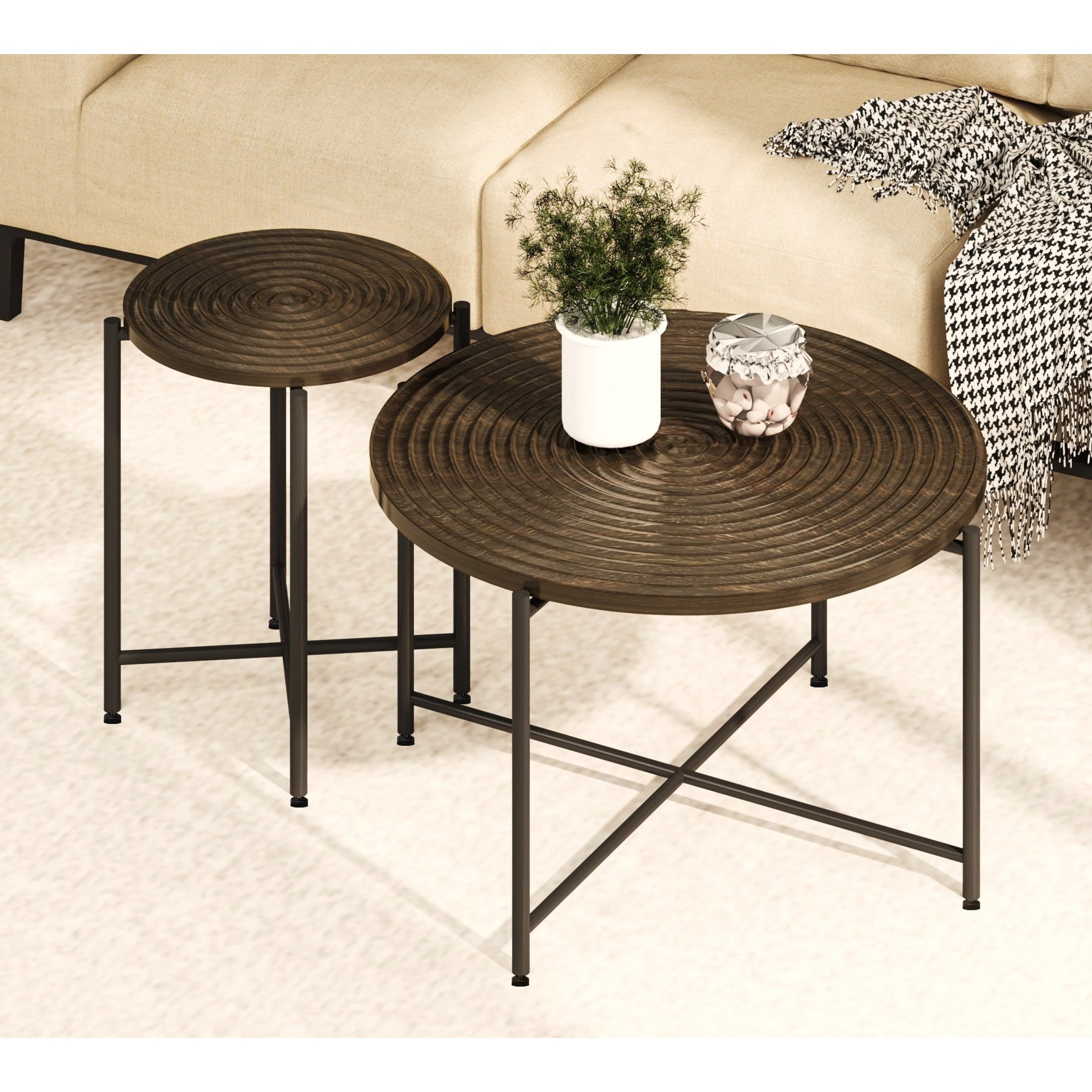 GDF Studio 2-Piece Coffee and End Table Set with Radial Ring Pattern Tabletops, Black Metal Legs, Walnut Brown