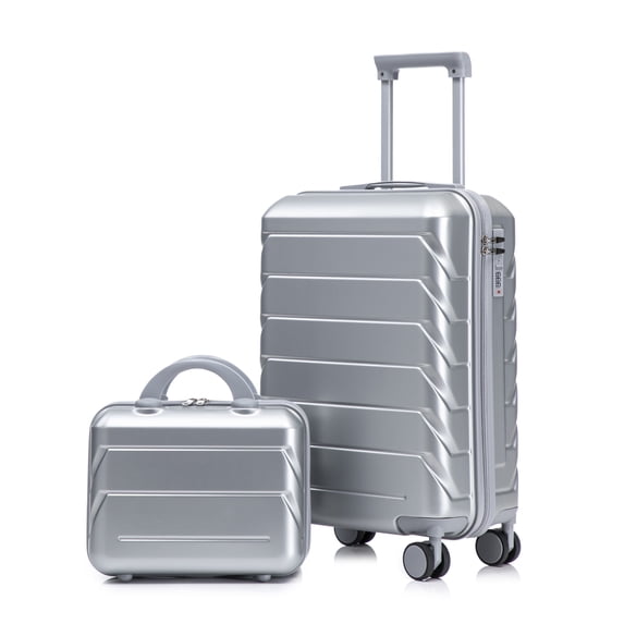 GDF Studio 2-Piece Hardside Luggage Set, Carry On Suitcase with Cosmetic Case, TSA Lock and Spinner Wheels, Silver