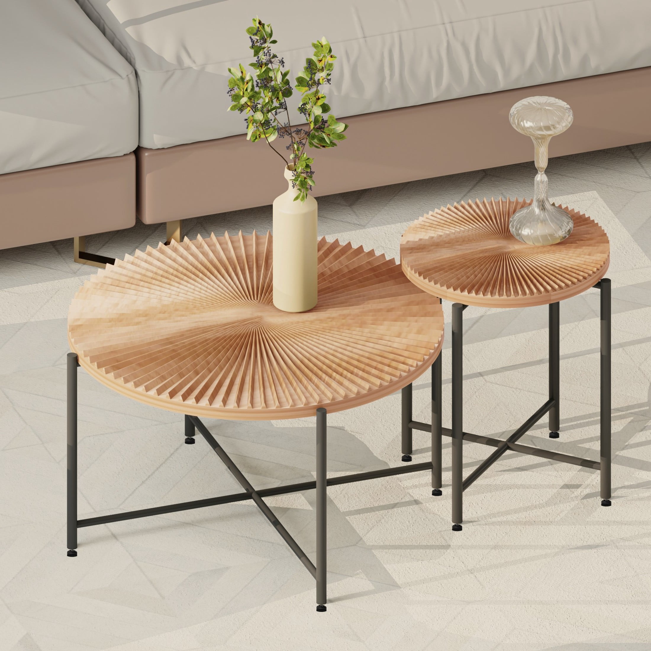 GDF Studio 2-Piece Rustic Coffee and End Table Set, Radial Pattern Tabletops, Black Metal Legs, Brown