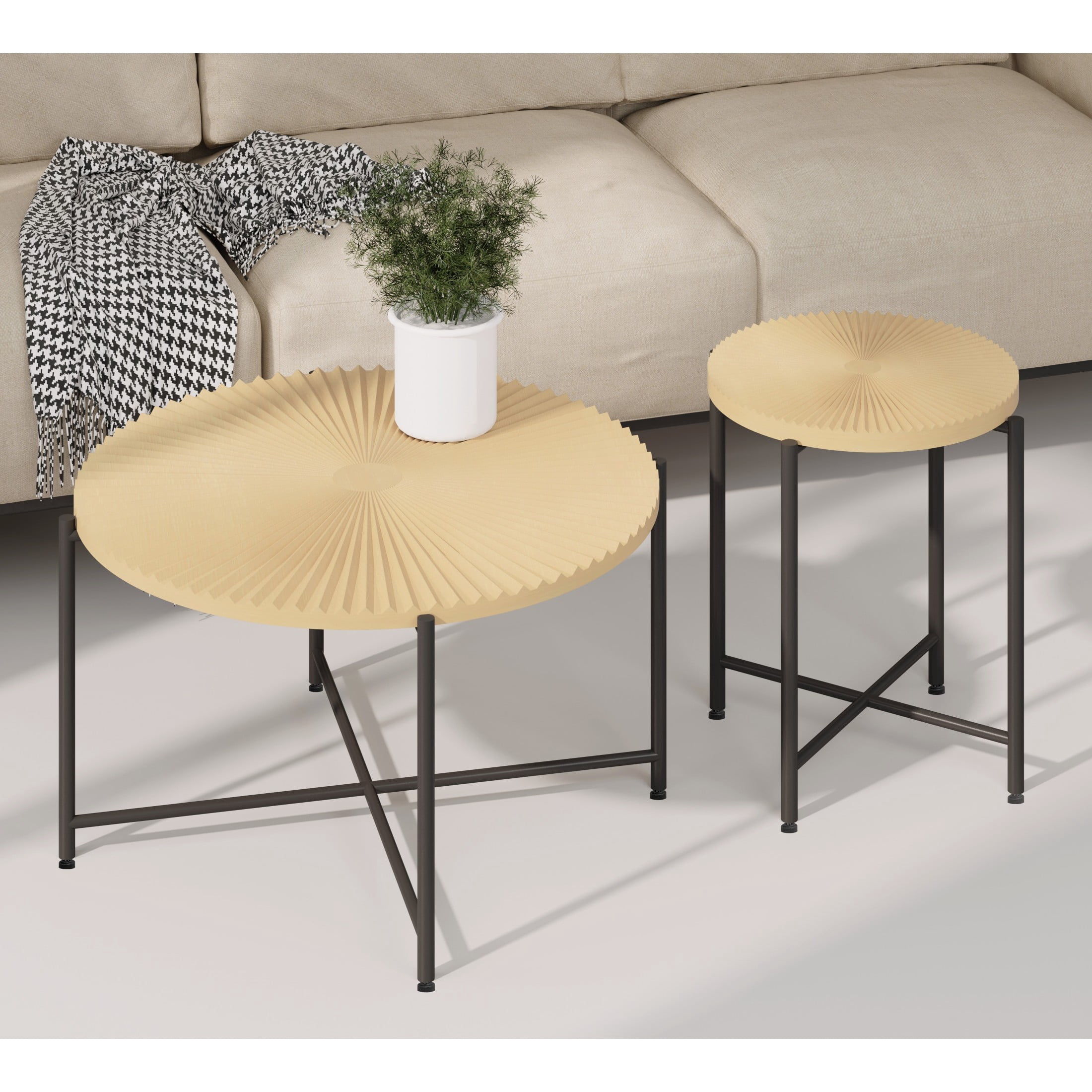 GDF Studio 2-Piece Rustic Coffee and End Table Set, Radial Pattern Tabletops, Black Metal Legs, Natural Oak