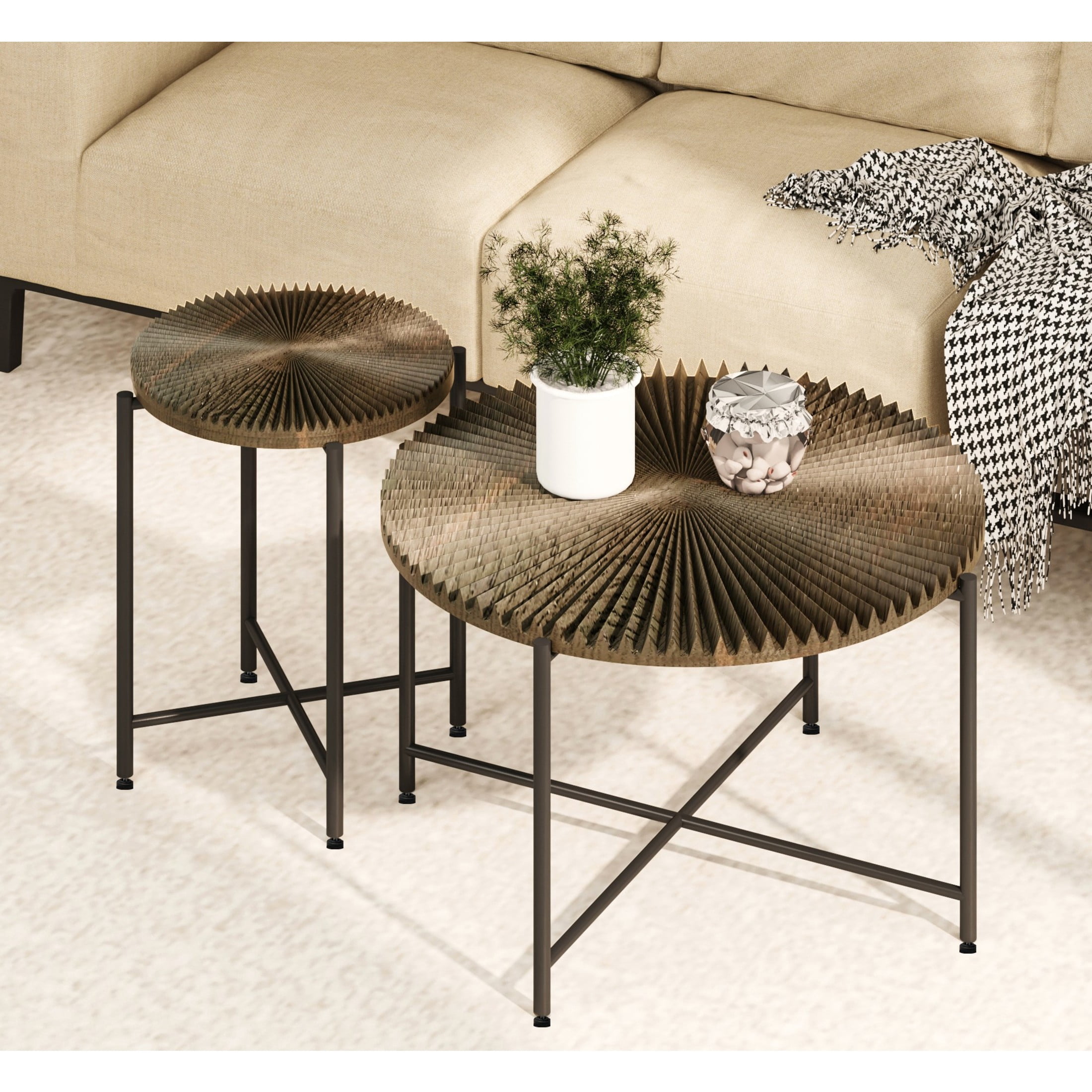 GDF Studio 2-Piece Rustic Coffee and End Table Set, Radial Pattern Tabletops, Black Metal Legs, Walnut Brown