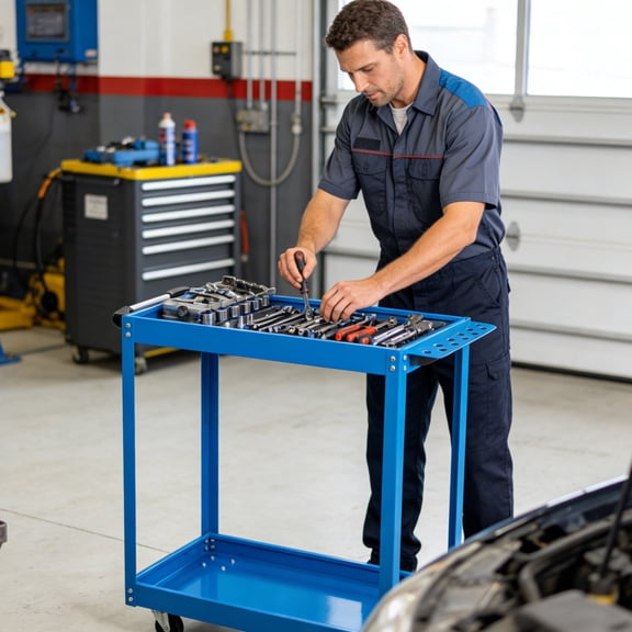 GDF Studio 2-Tier Rolling Mechanic Tool Cart, Heavy Duty Steel Utility Cart with Lockable Wheels, Blue