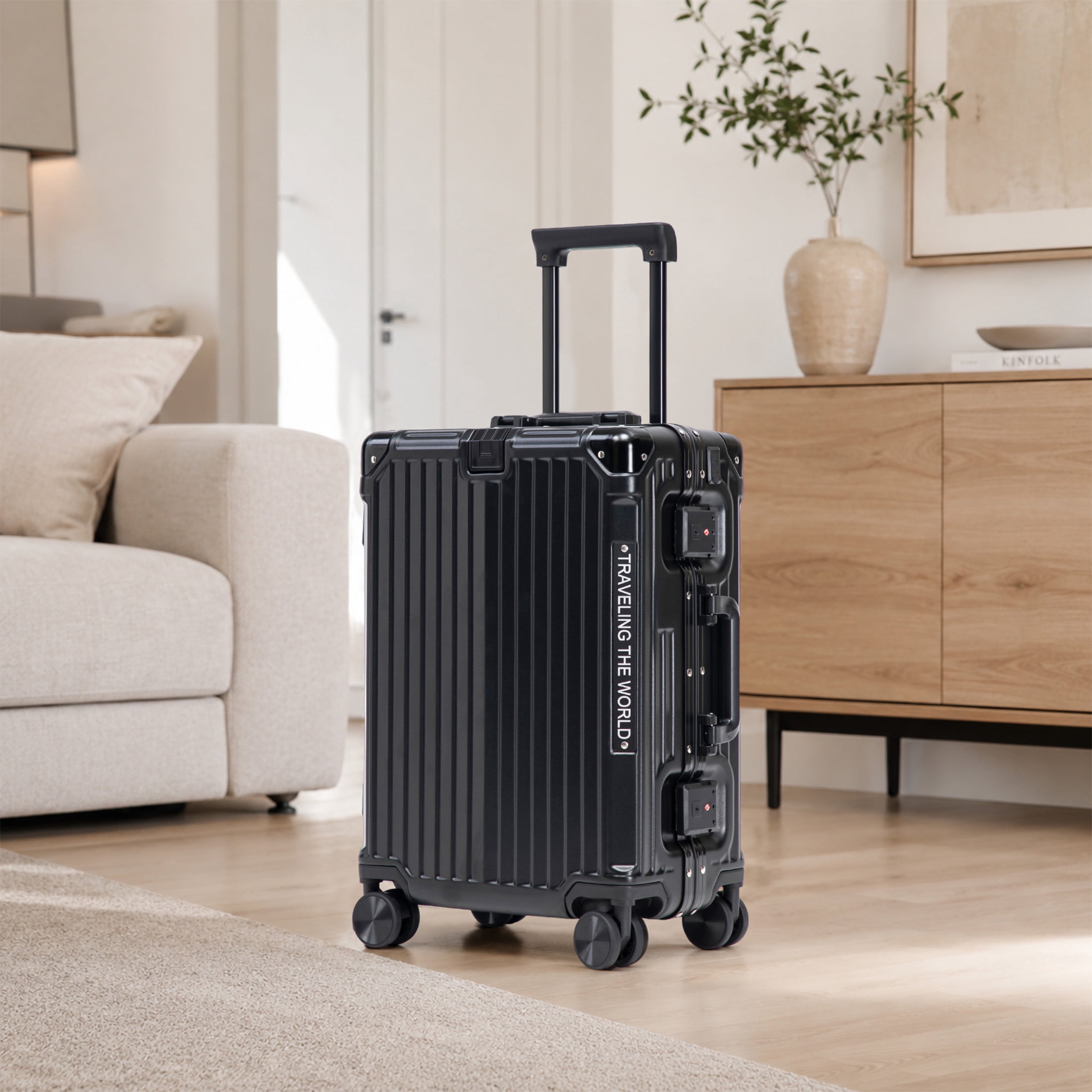 GDF Studio 20" Aluminum Frame ABS Carry-On Luggage with Charging Port & Cup Holder, Spinner Wheels Travel Trolley, Black