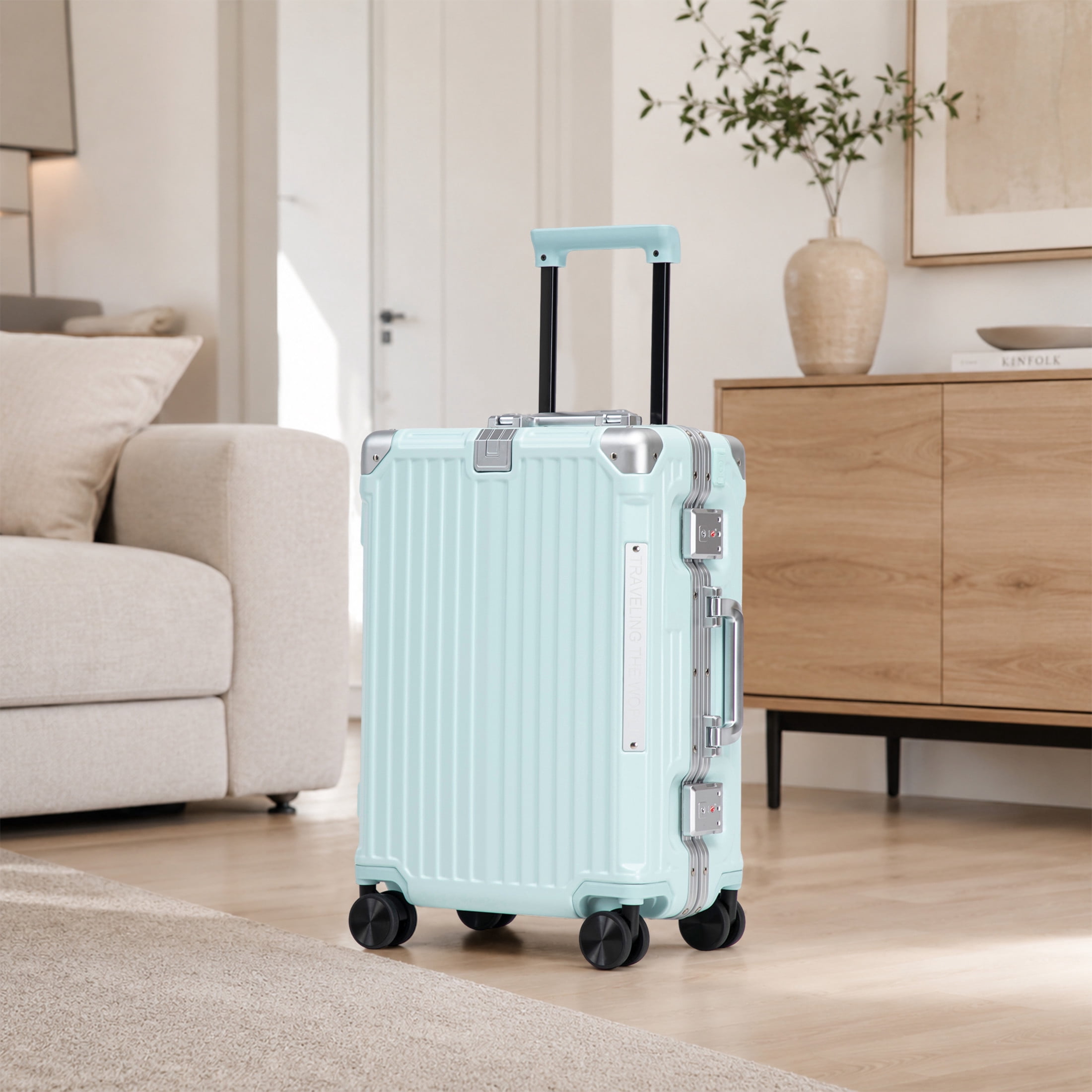 GDF Studio 20" Aluminum Frame ABS Carry-On Luggage with Charging Port & Cup Holder, Spinner Wheels Travel Trolley, Blue