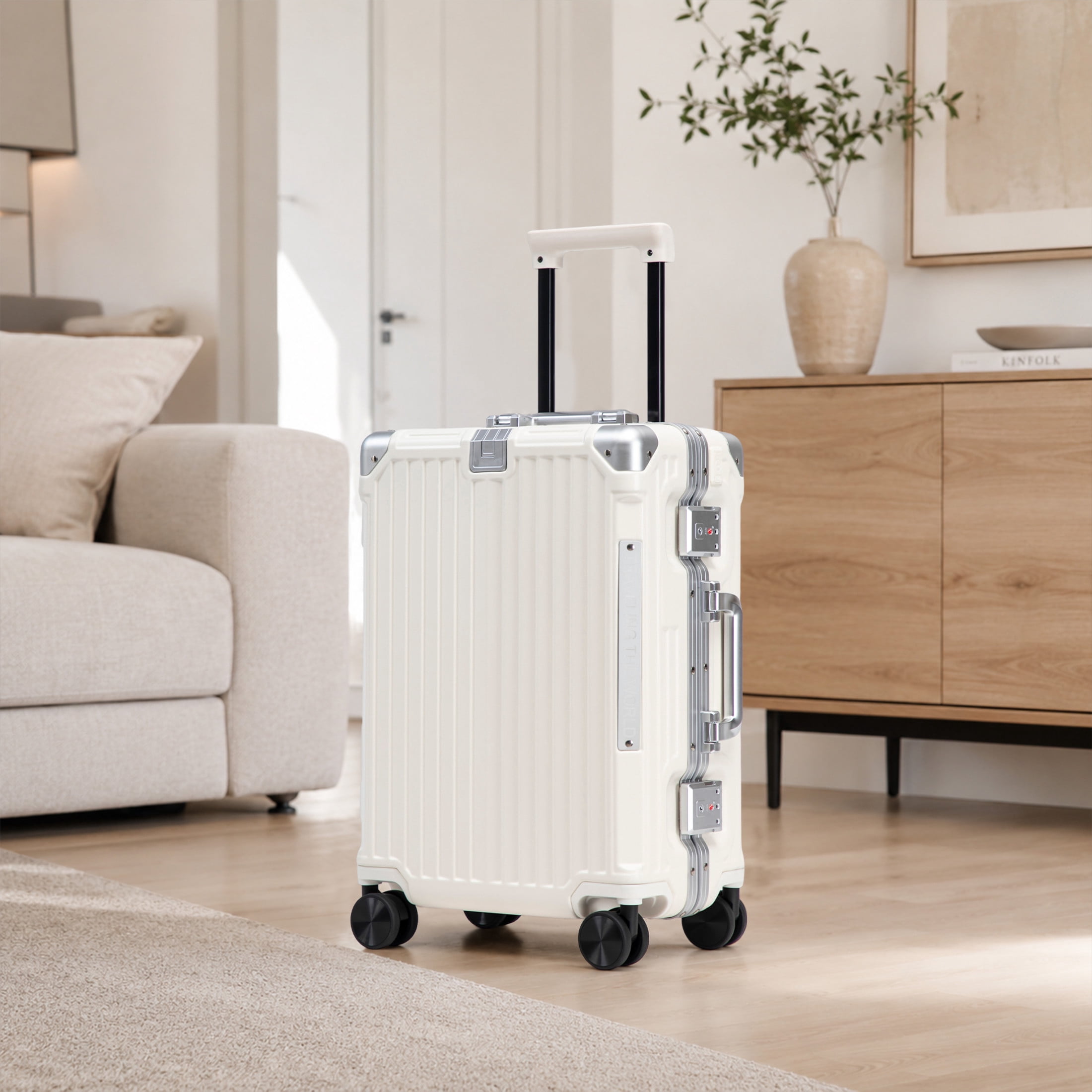 GDF Studio 20" Aluminum Frame ABS Carry-On Luggage with Charging Port & Cup Holder, Spinner Wheels Travel Trolley, Milk White
