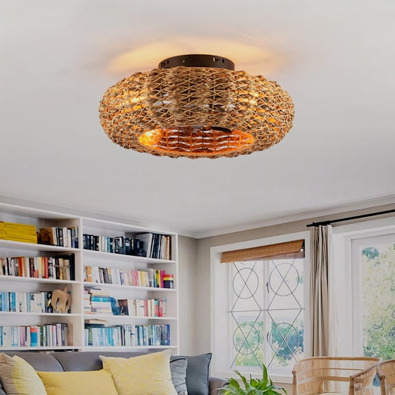 GDF Studio 20" Bamboo Ceiling Fan with 4-Light E26 Base, 6 Speed, DC Motor, Matte Black + Natural
