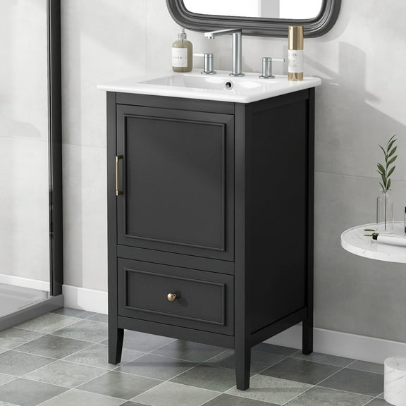 GDF Studio 20" Bathroom Vanity with Ceramic Sink, Freestanding Cabinet with Drawer and Door Shelf, Black