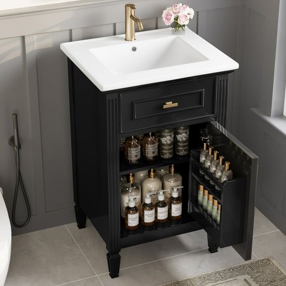 GDF Studio 20" Bathroom Vanity with Sink, MDF Storage Cabinet with Tilt-Out Drawer, Adjustable Shelf, Black
