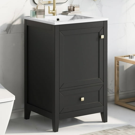 GDF Studio 20" Bathroom Vanity with Sink, Soft Closing Door, Storage Rack and Drawer, MDF Cabinet, Black