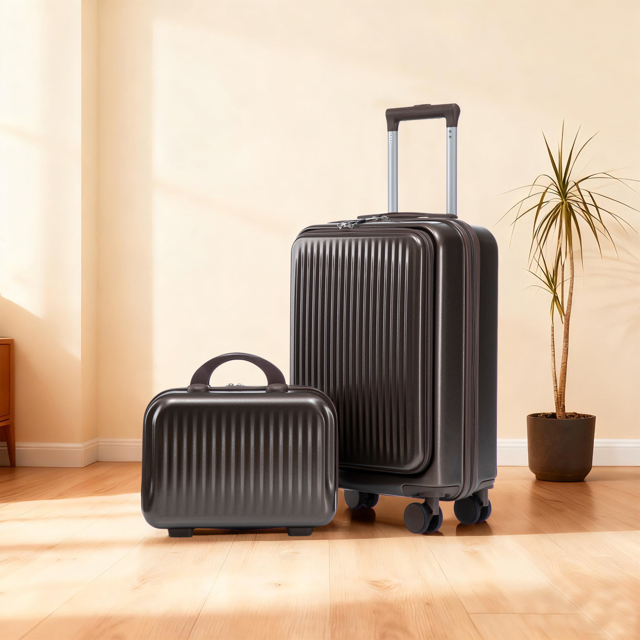 GDF Studio 20" Carry-On Spinner Luggage Set with 14" Cosmetic Case, Lockable and Front Opening, Brown
