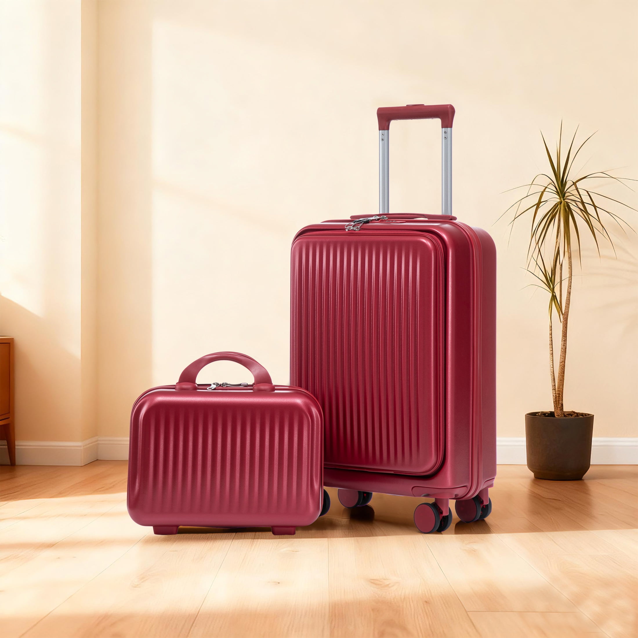 GDF Studio 20" Carry-On Spinner Luggage Set with 14" Cosmetic Case, Lockable and Front Opening, Red