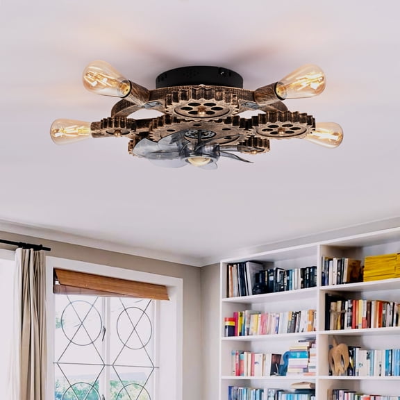 GDF Studio 20" Industrial Gear Ceiling Fan with 5-Light E26 Base, DC Motor, Remote Control, Bronze
