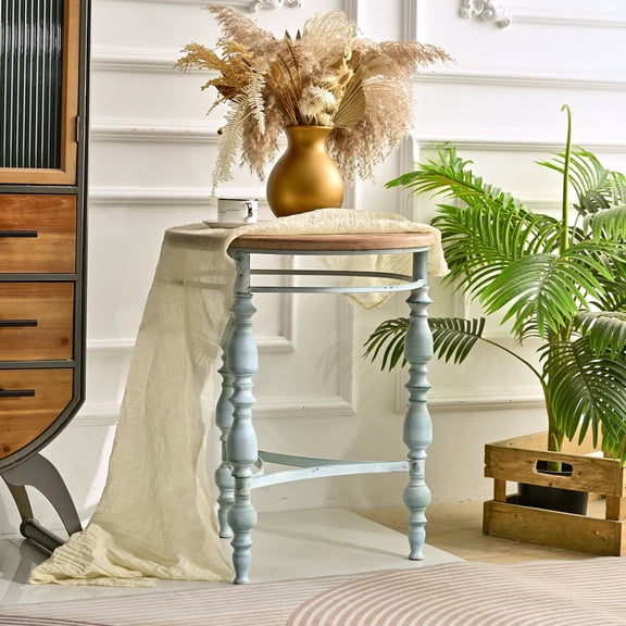 GDF Studio 20" Charred Wood Finish Rustic Round Accent Coffee Table, Carved Wood Top with Vintage Metal Legs, Natural