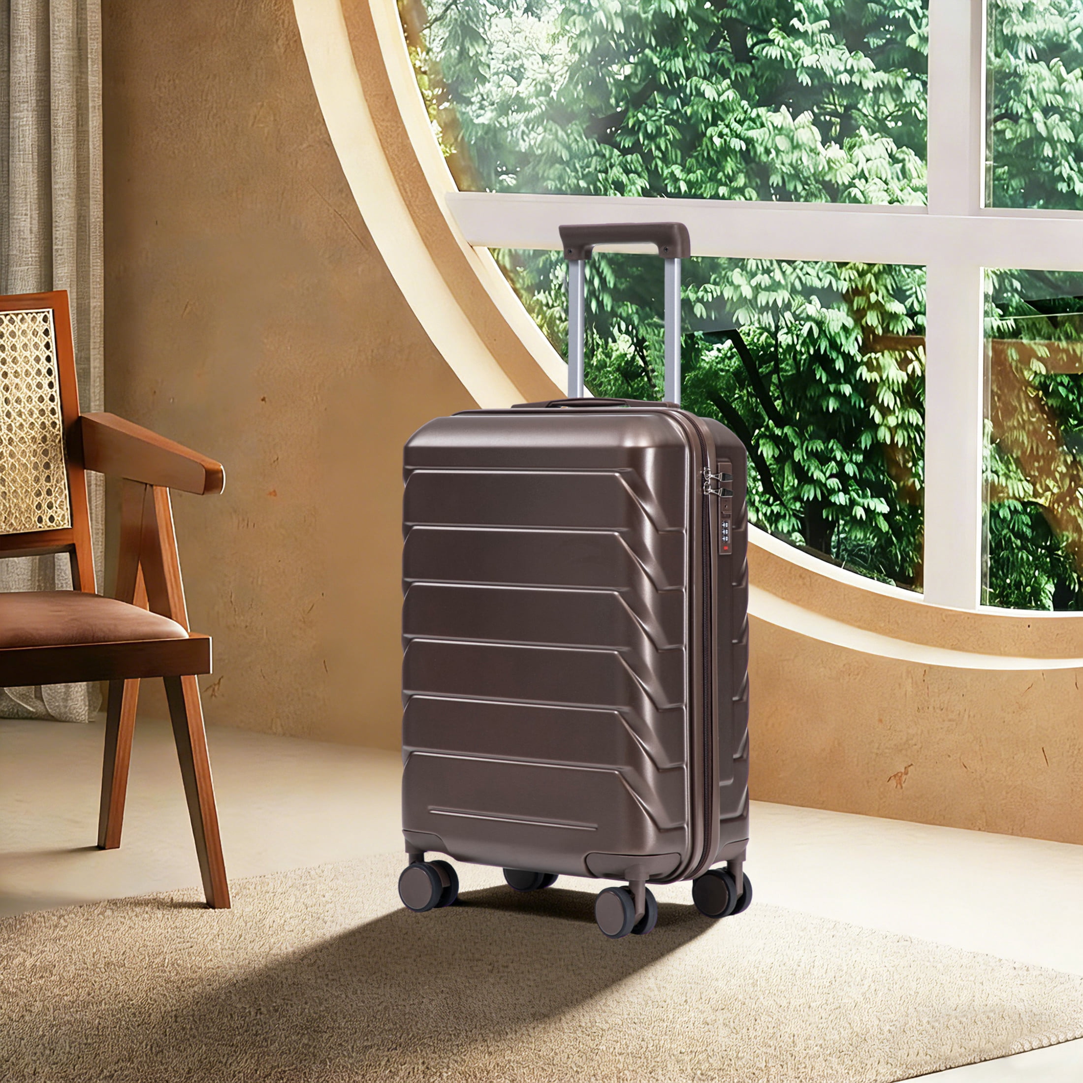 GDF Studio 20" Scratch-Resistant ABS Hard Shell Travel Luggage with 360° Spinner Wheels & Combination Lock, Brown