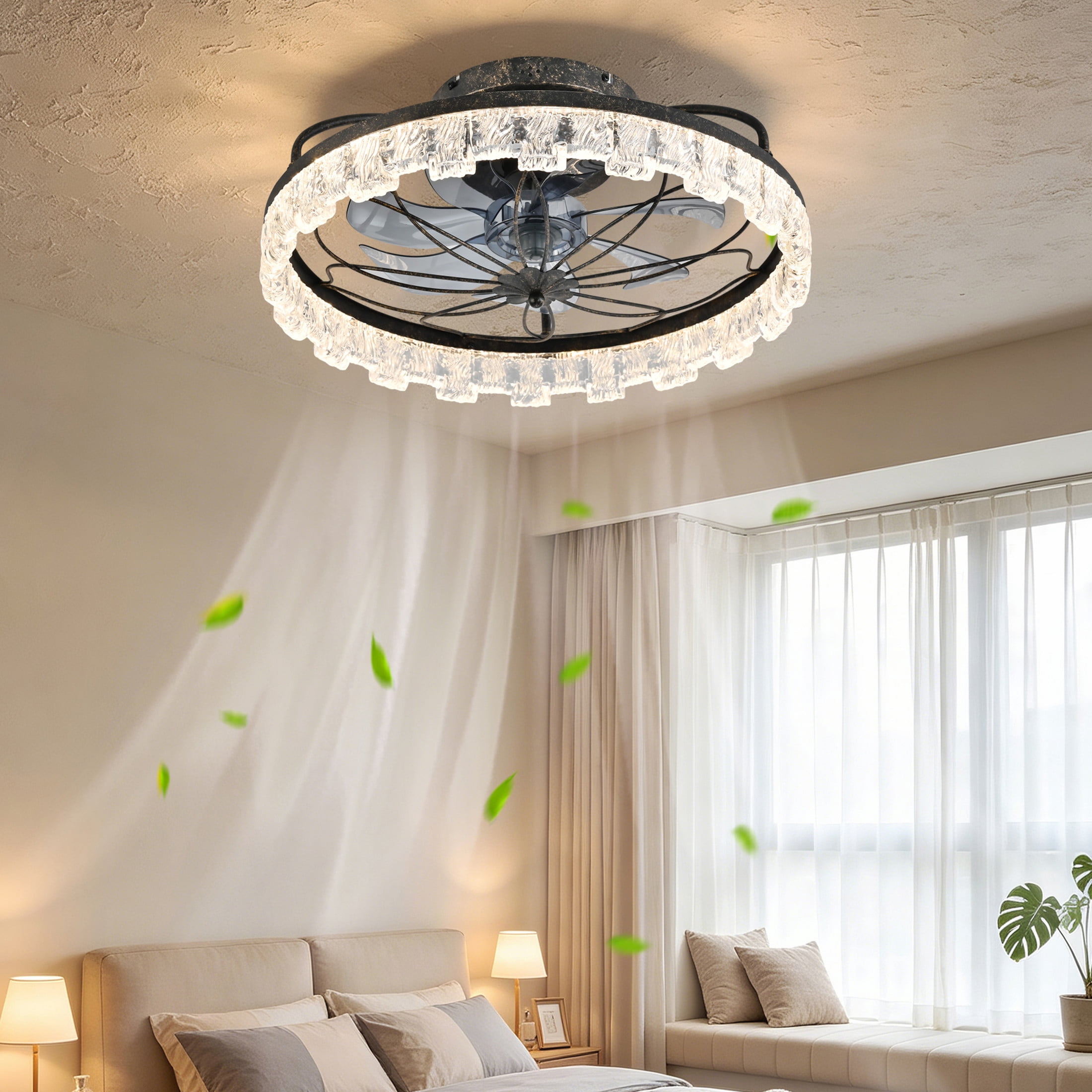 GDF Studio 21" Caged Ceiling Fan with LED Lights & Remote Control, for Kitchen, Bedroom, Living Room, Rustic Black