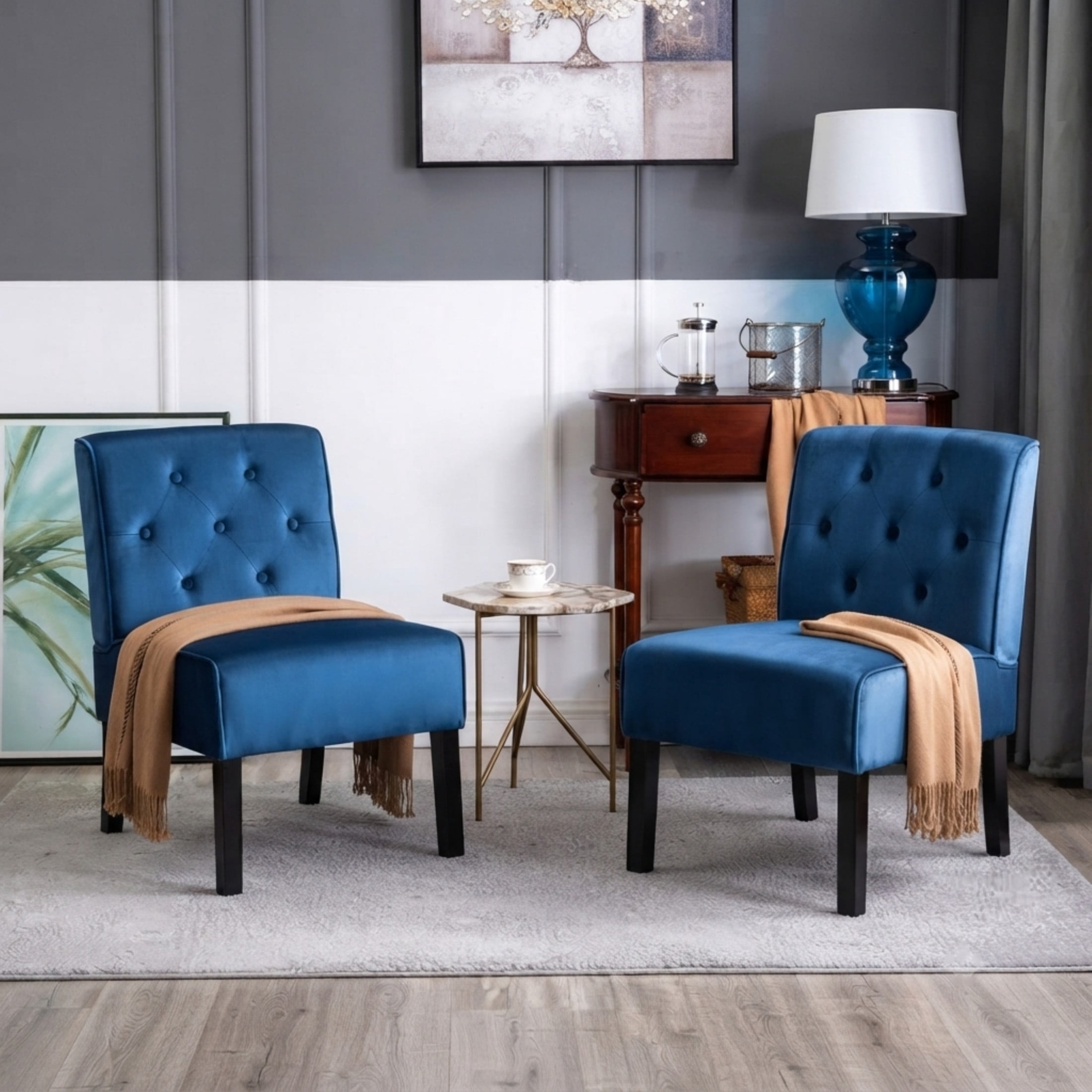 GDF Studio 21" Modern Accent Chairs Set of 2 with Button Tufted Velvet Upholstery, Tapered Wood Legs, Dark Blue