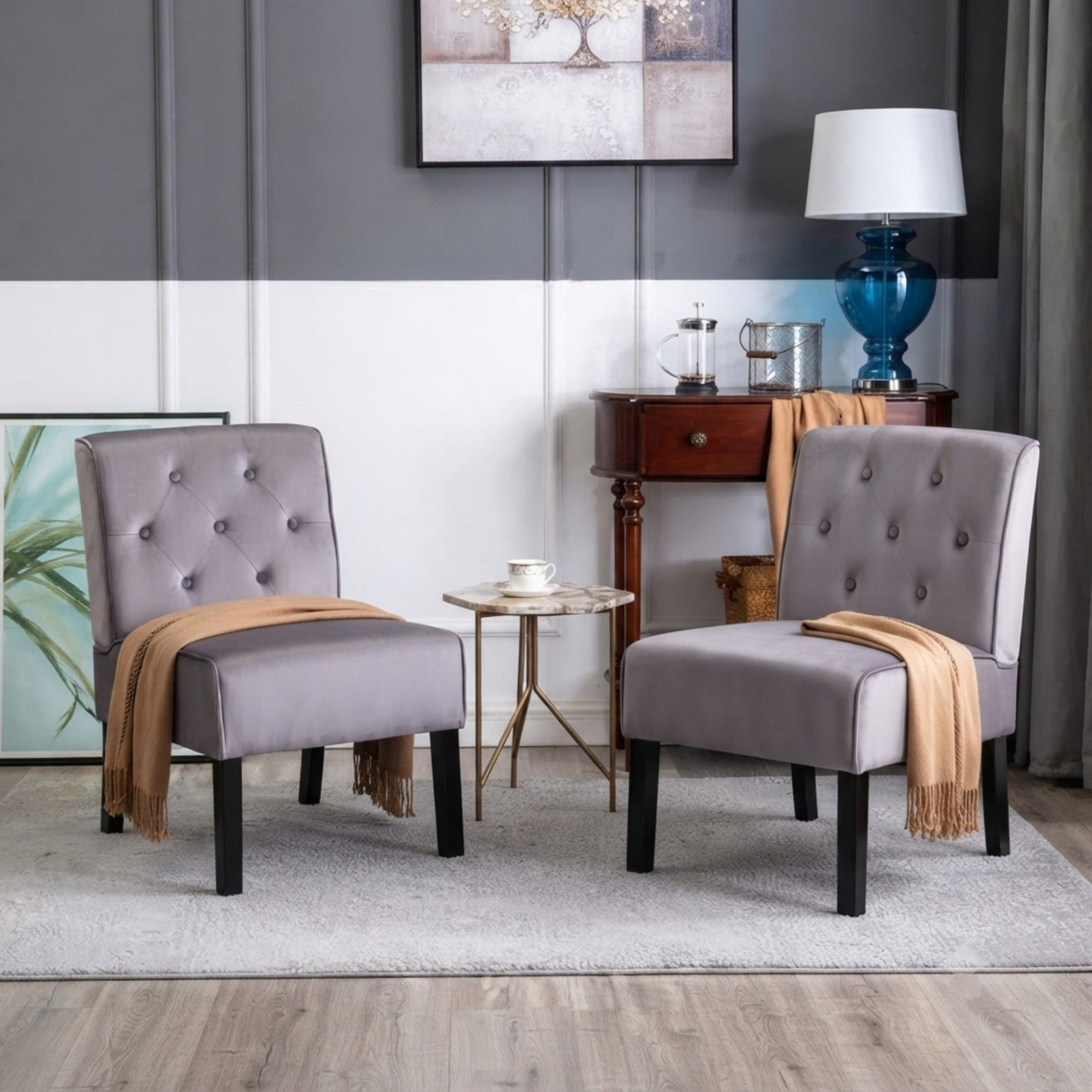 GDF Studio 21" Modern Accent Chairs Set of 2 with Button Tufted Velvet Upholstery, Tapered Wood Legs, Gray