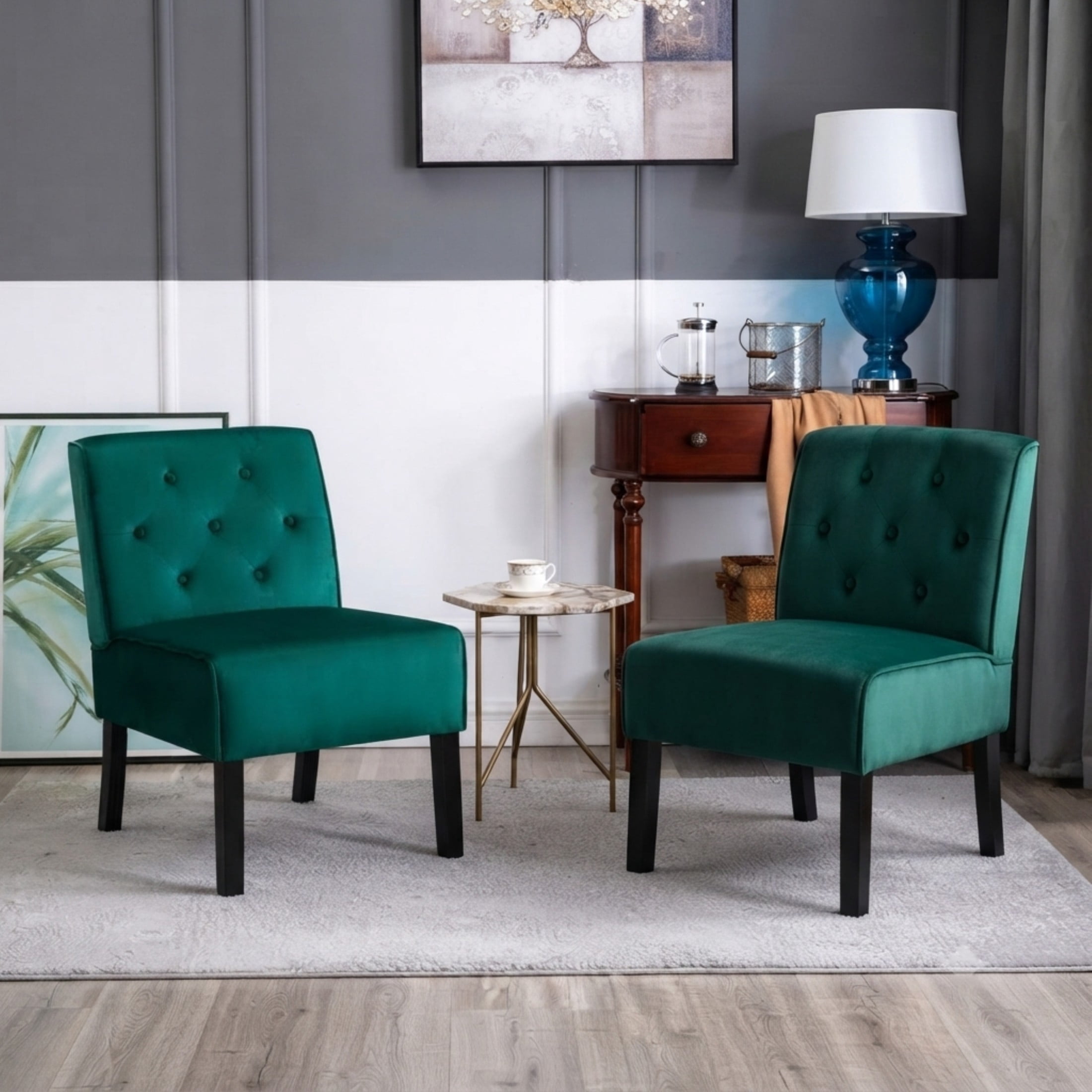 GDF Studio 21" Modern Accent Chairs Set of 2 with Button Tufted Velvet Upholstery, Tapered Wood Legs, Green