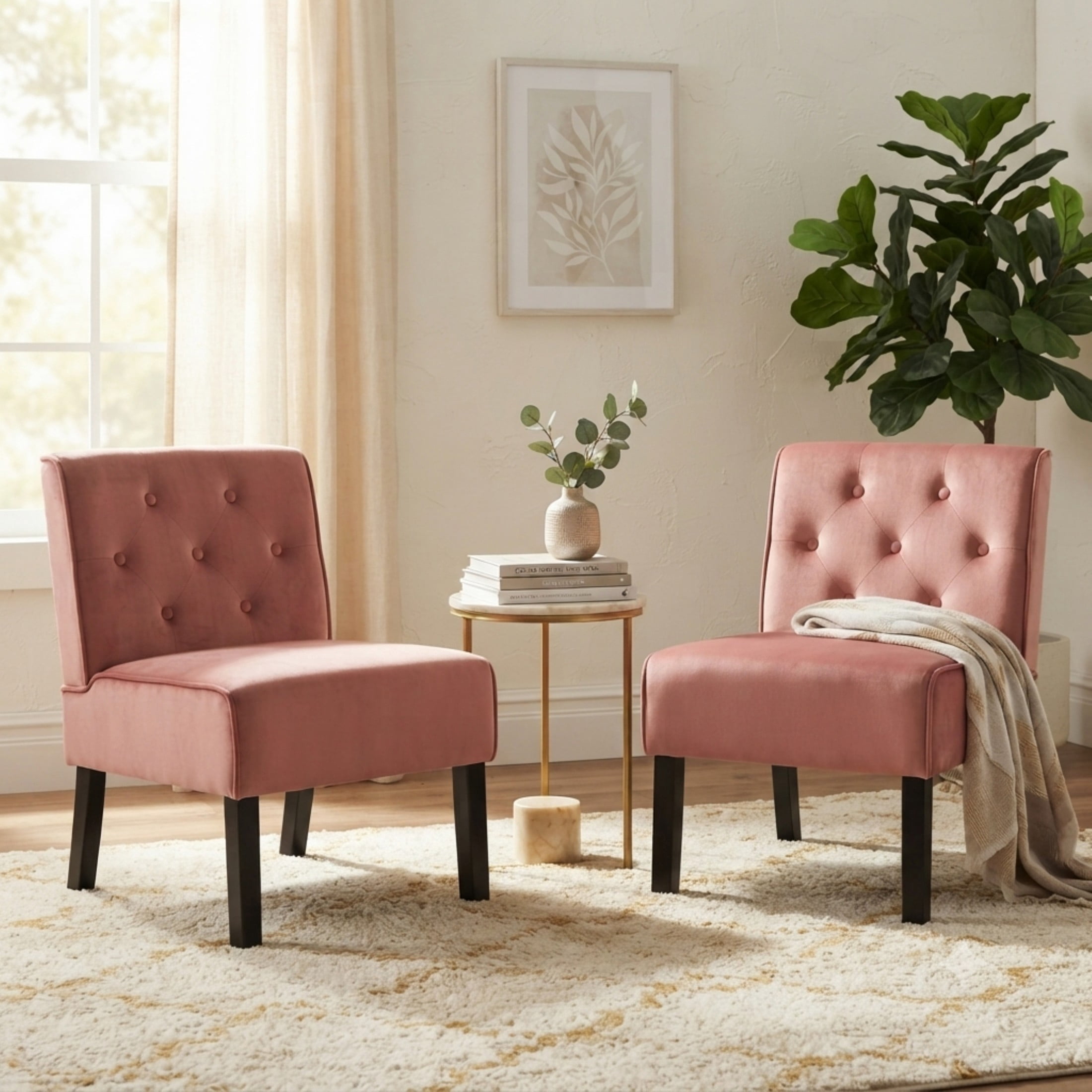 GDF Studio 21" Modern Accent Chairs Set of 2 with Button Tufted Velvet Upholstery, Tapered Wood Legs, Rose