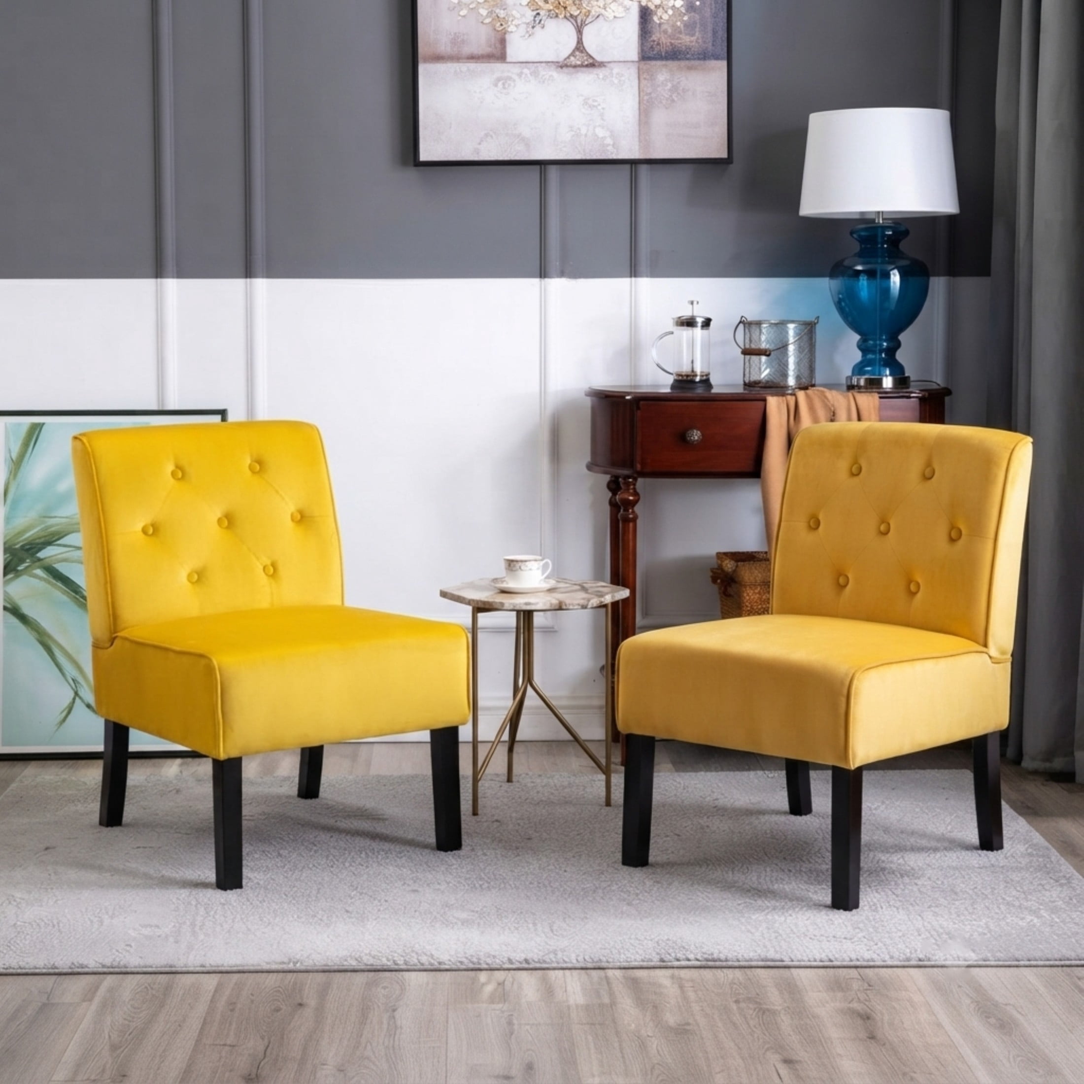 GDF Studio 21" Modern Accent Chairs Set of 2 with Button Tufted Velvet Upholstery, Tapered Wood Legs, Yellow