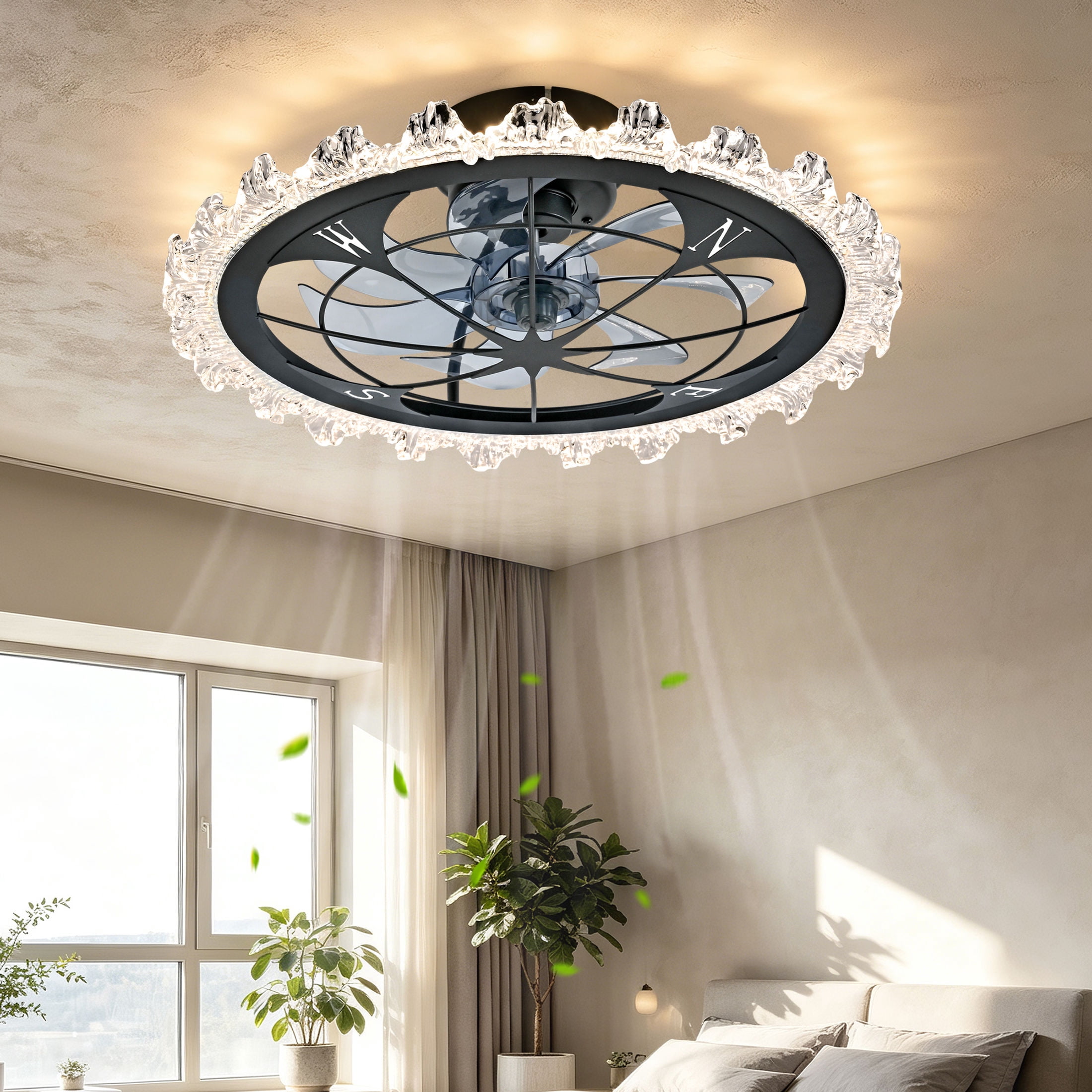 GDF Studio 21" Vintage Caged Ceiling Fan with LED Lights, Remote & App Control, Art Deco Flush Mount Fandelier, Matte Black