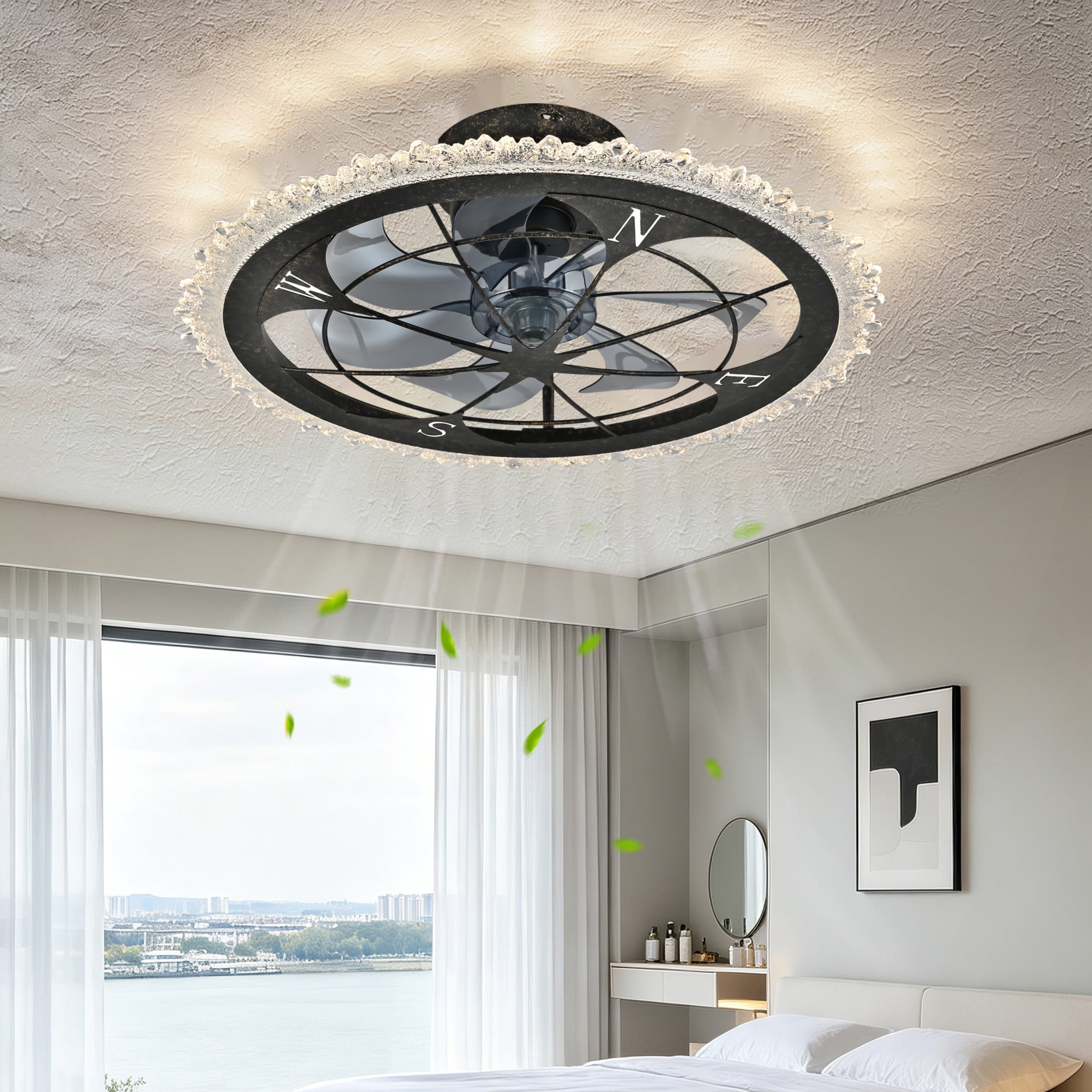 GDF Studio 21" Vintage Caged Ceiling Fan with LED Lights, Remote & App Control, Rustic Flush Mount Fandelier, Antique Black