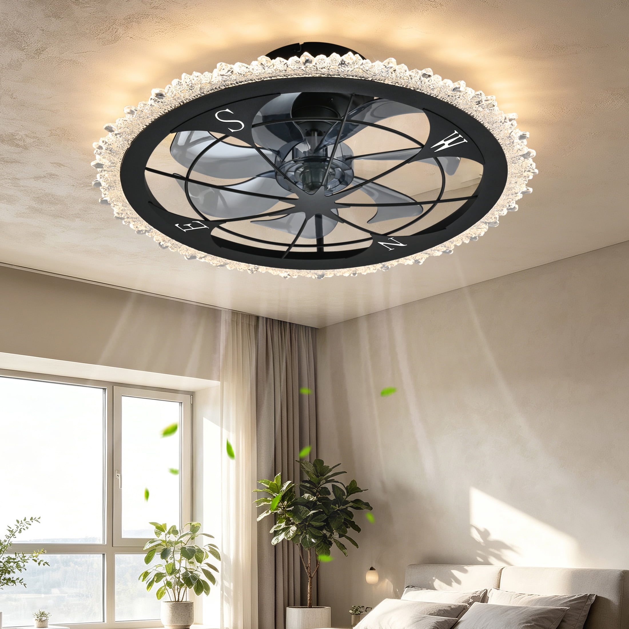 GDF Studio 21" Vintage Caged Ceiling Fan with LED Lights, Remote & App Control, Rustic Flush Mount Fandelier, Matte Black