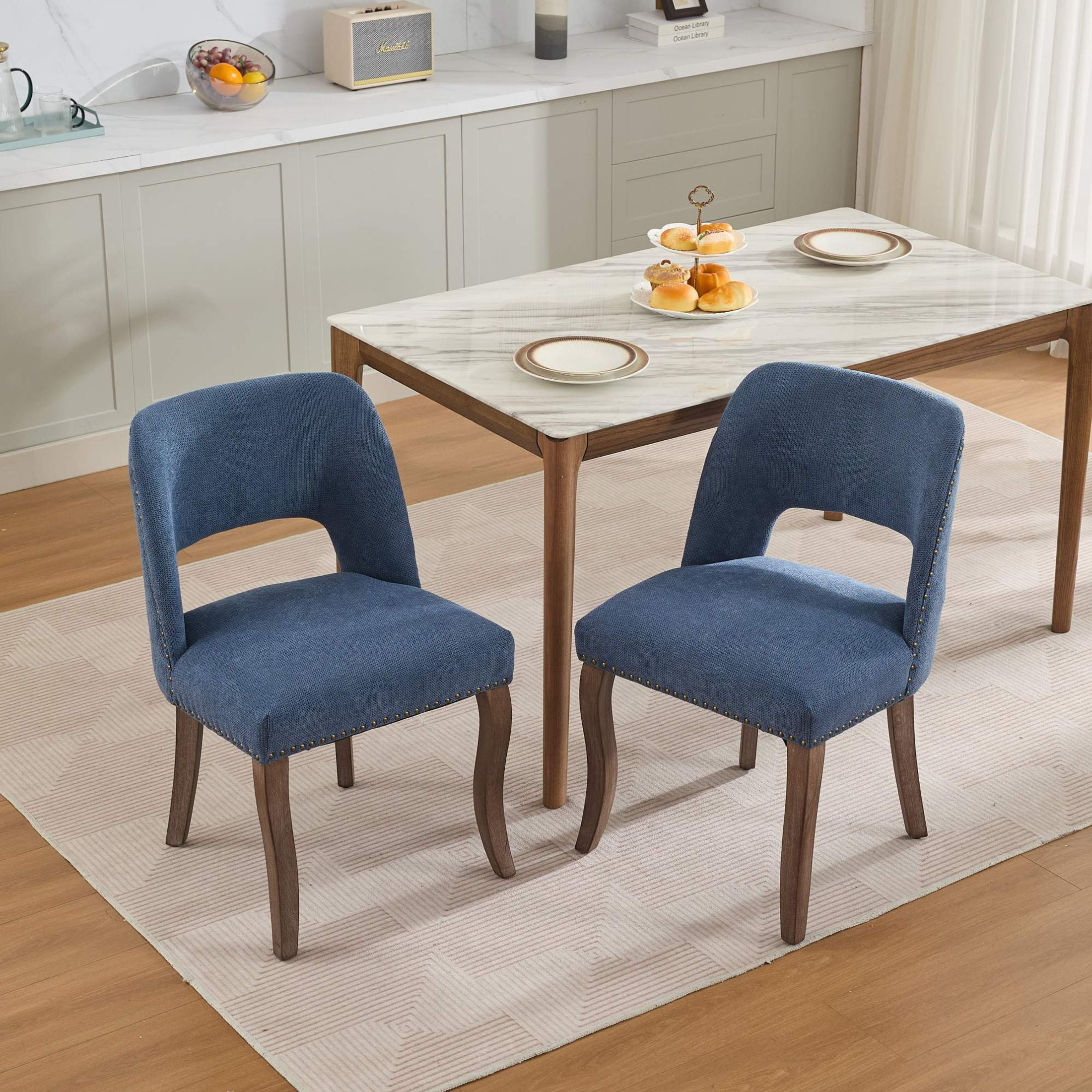 GDF Studio 22.8" Farmhouse Dining Chairs Set of 2 with Fabric Upholstery, Curved Rubberwood Legs, Blue