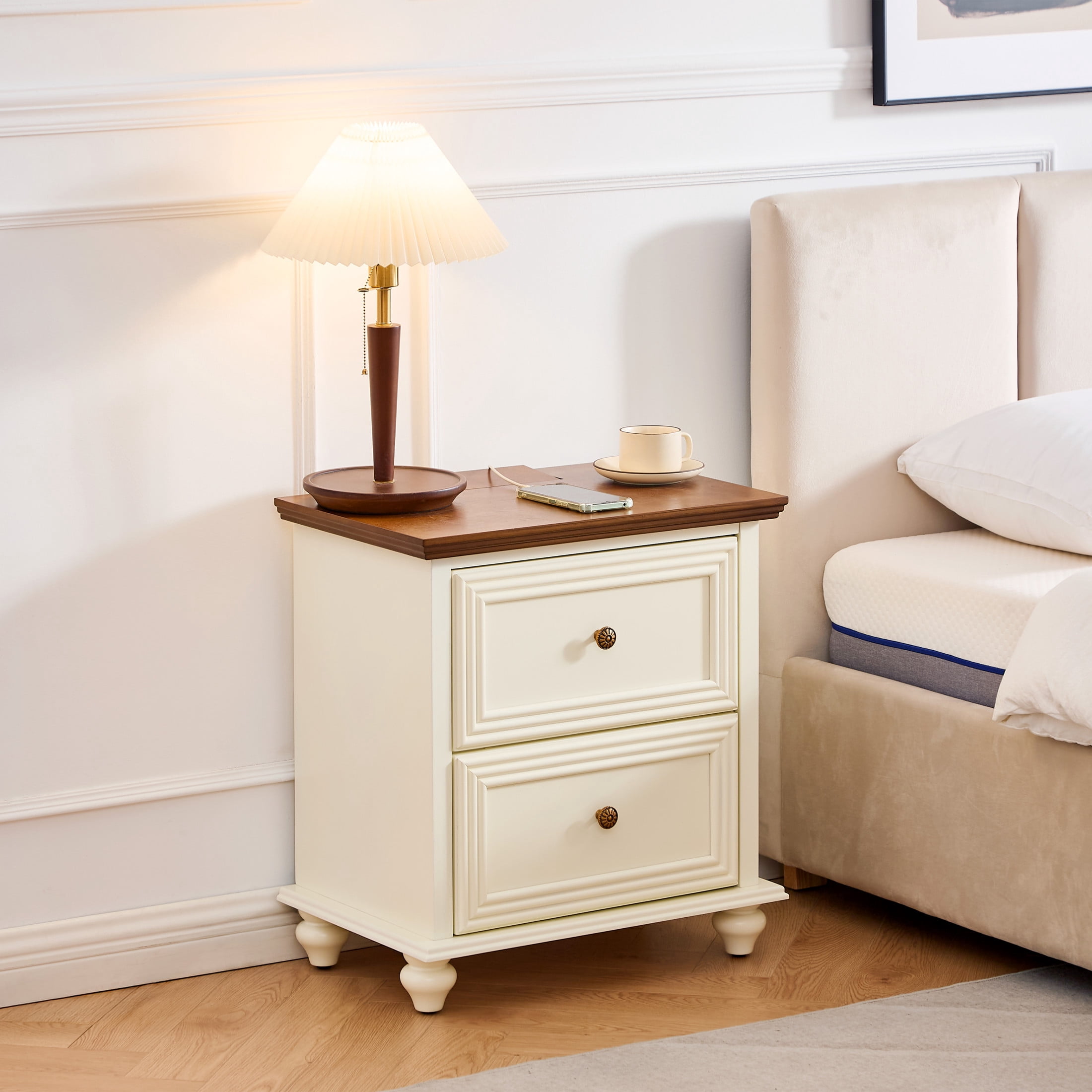GDF Studio 22.9" Mid Century Modern Nightstand with Charging Station, 2 Drawers & Outlet, Brown+White