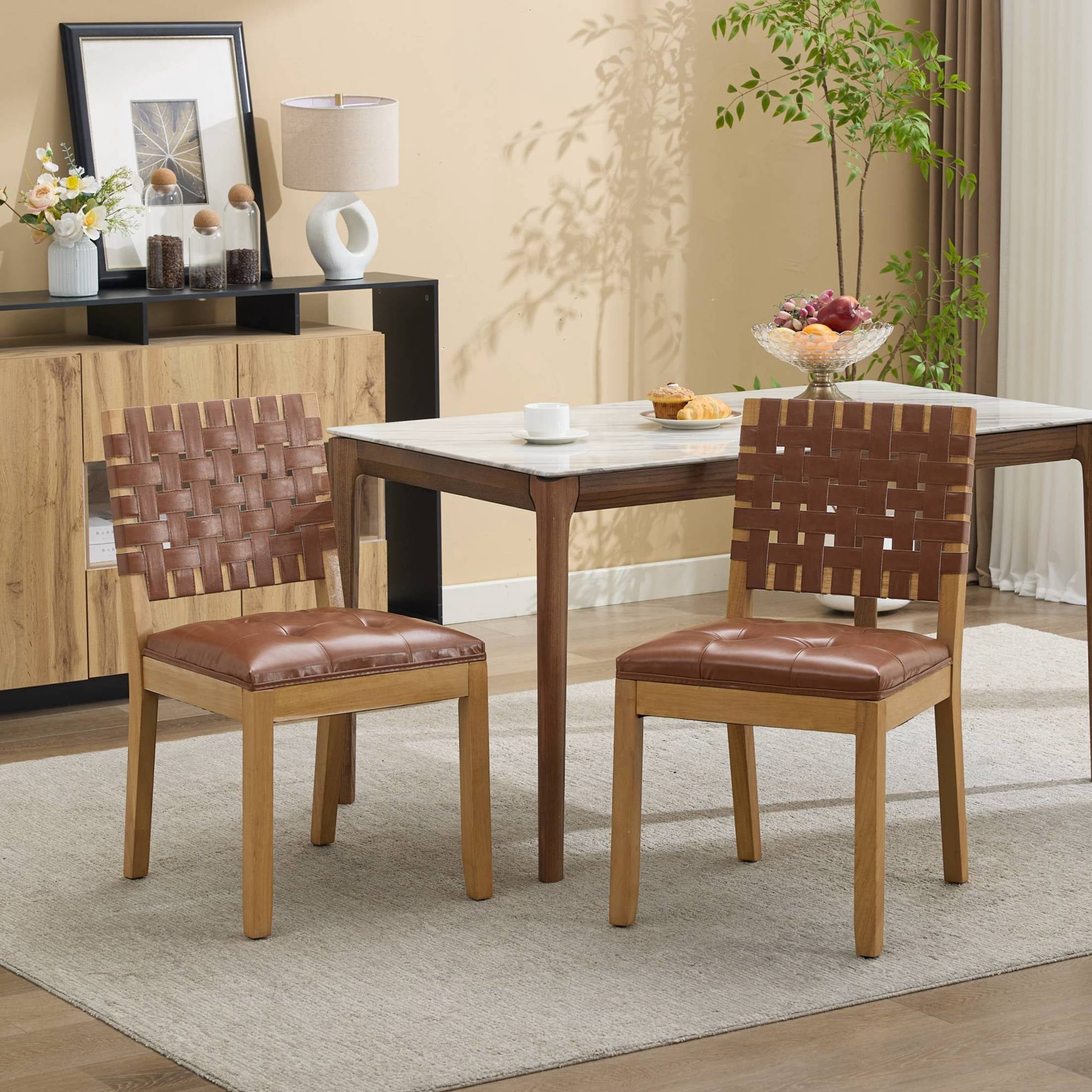 GDF Studio 22" Dining Chairs Set of 2 with Woven PU Leather Back & Button-Tufted Seat, Brown