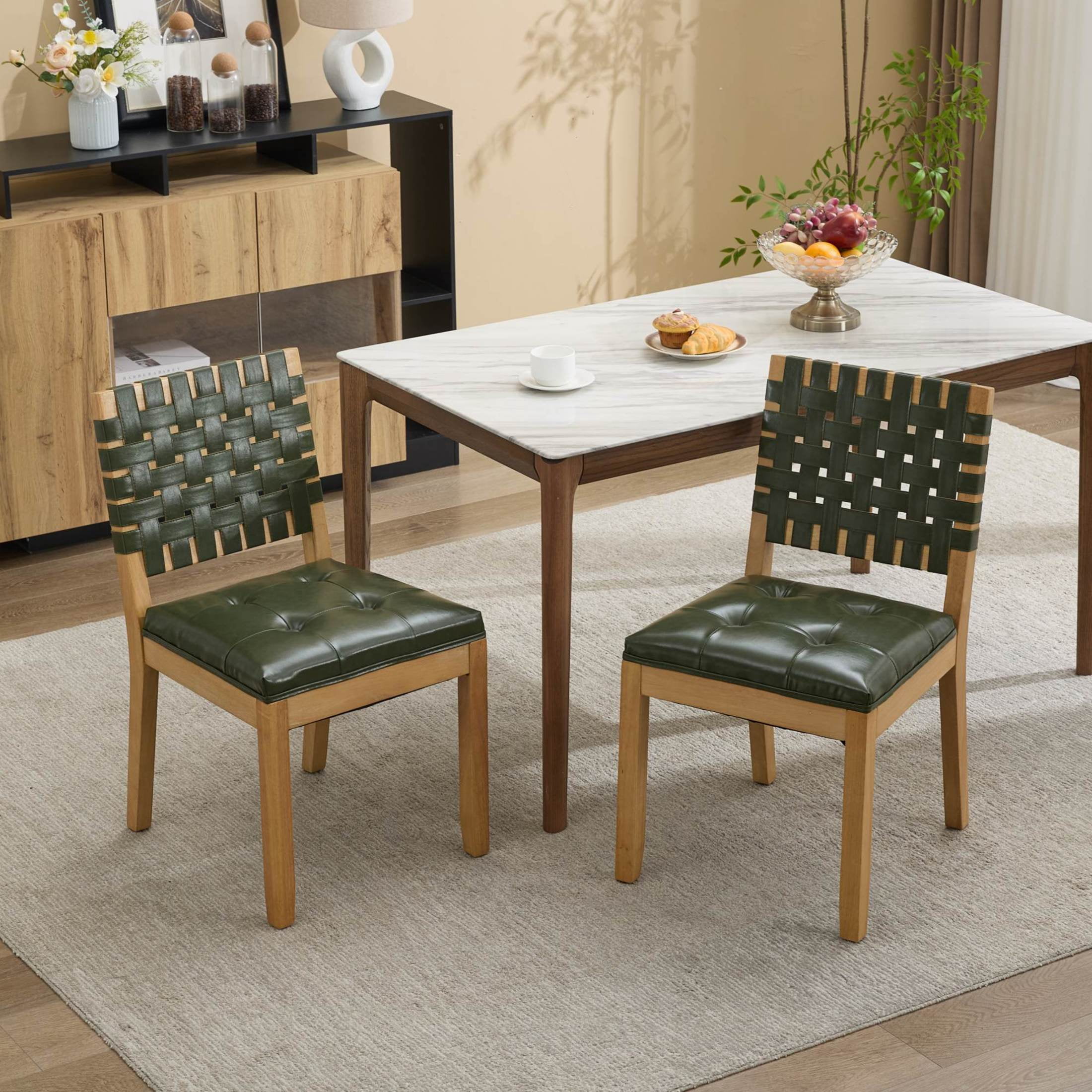 GDF Studio 22" Dining Chairs Set of 2 with Woven PU Leather Back & Button-Tufted Seat, Hunter Green