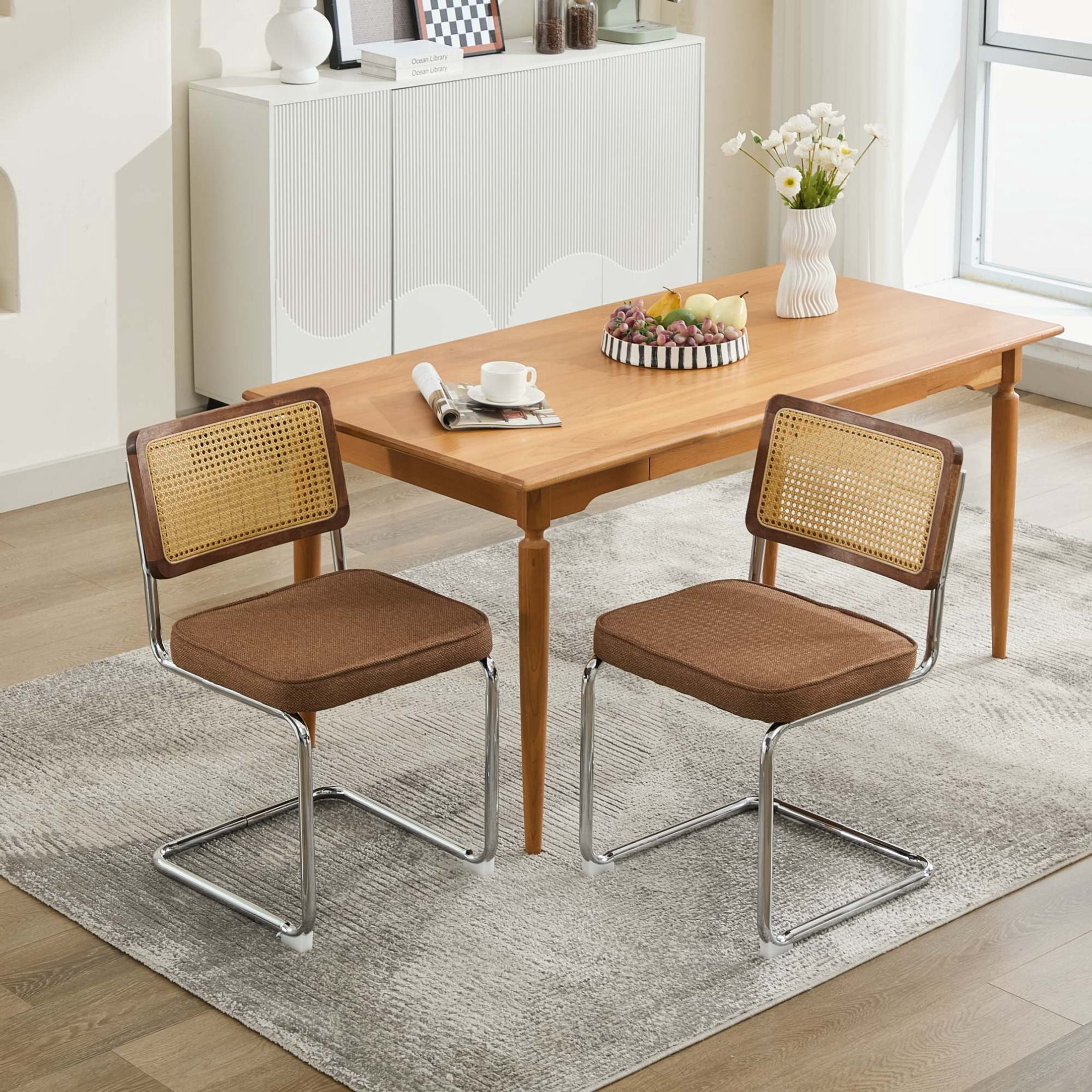 GDF Studio 23.2" Dining Chairs Set of 2 with Linen Upholstery, Natural Cane Back & Chrome Metal Base, Coffee