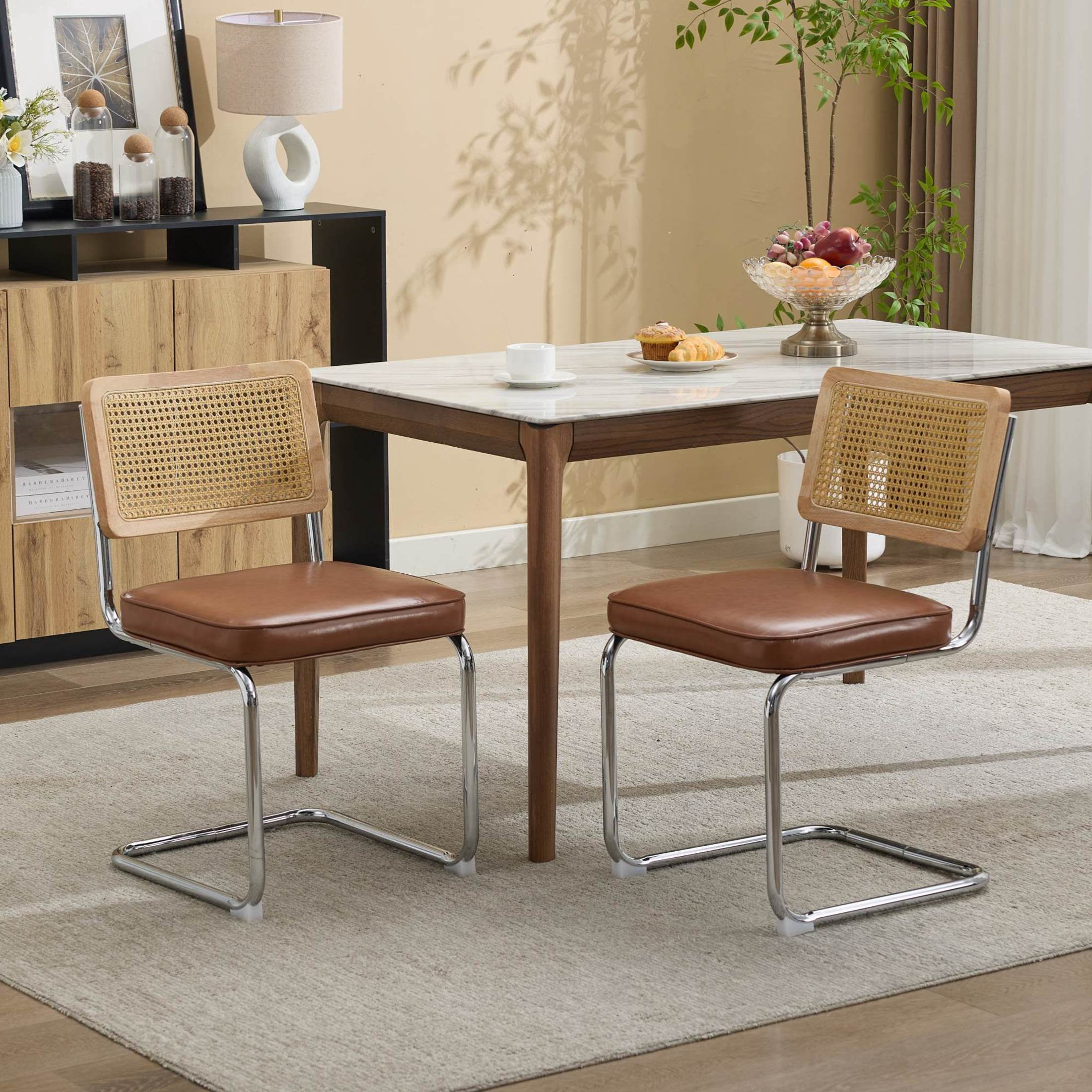 GDF Studio 23.2" Dining Chairs Set of 2 with PU Upholstery, Natural Cane Back & Chrome Metal Base, Brown
