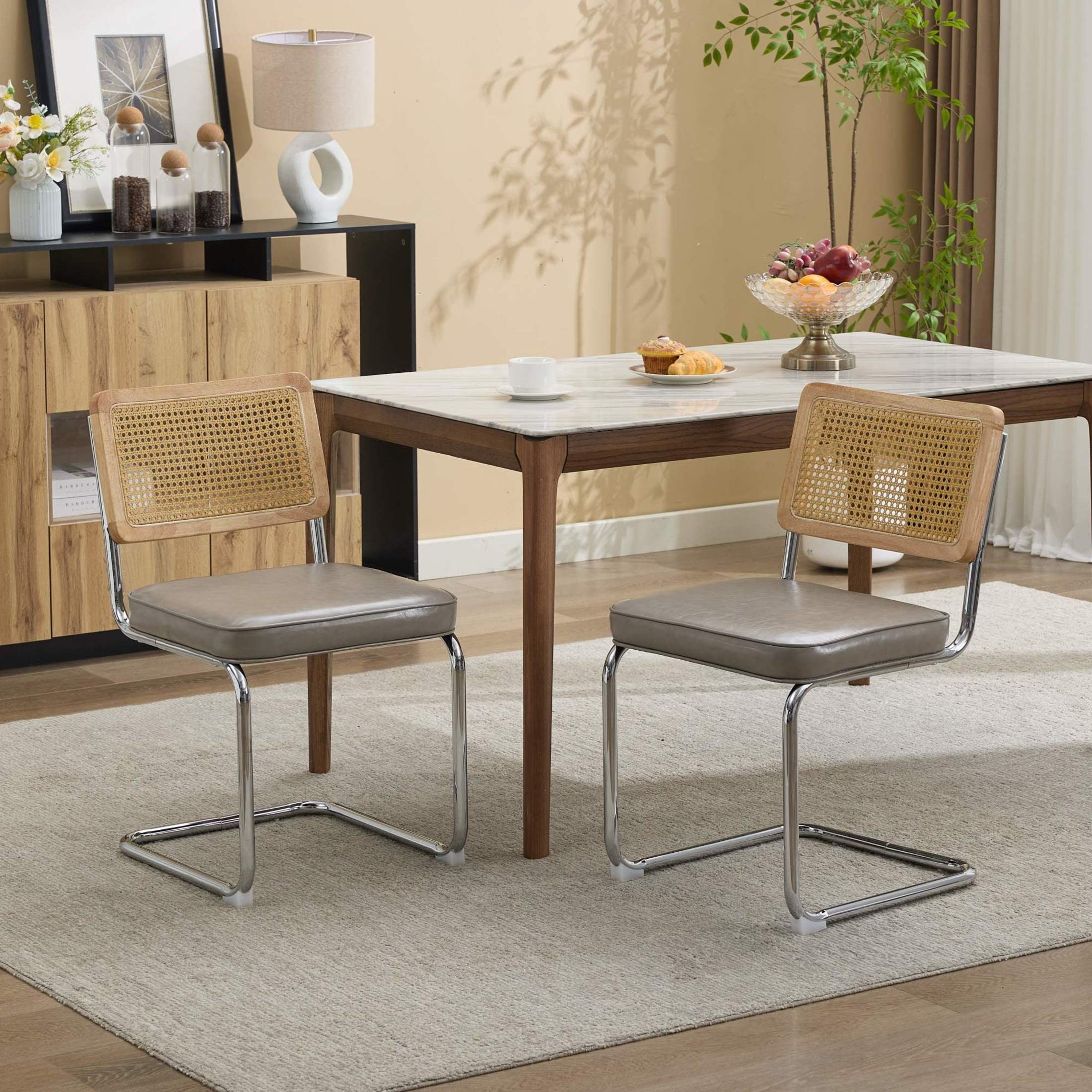 GDF Studio 23.2" Dining Chairs Set of 2 with PU Upholstery, Natural Cane Back & Chrome Metal Base, Gray