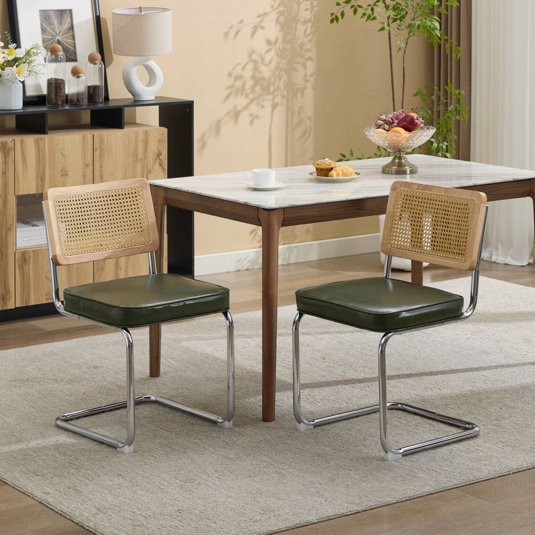 GDF Studio 23.2" Dining Chairs Set of 2 with PU Upholstery, Natural Cane Back & Chrome Metal Base, Olive Green