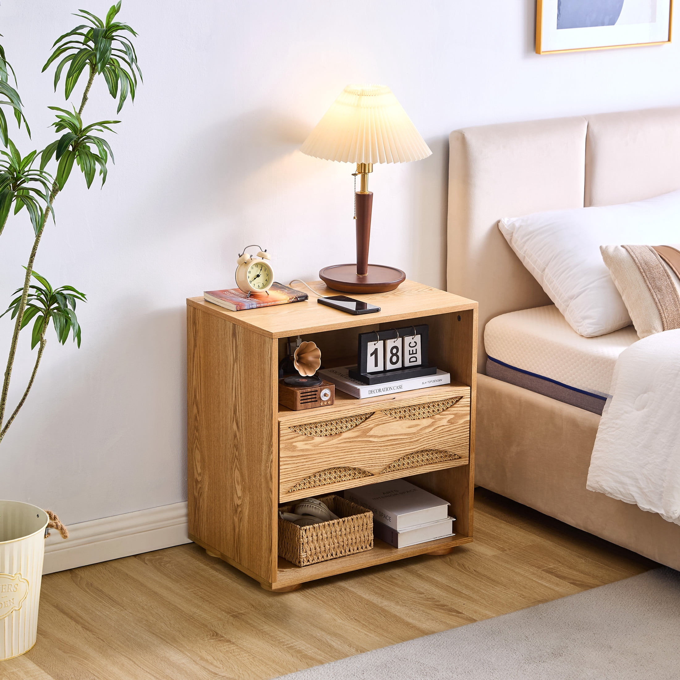 GDF Studio 23.2" Mid Century Modern Rattan Nightstand with Charging Station, Drawer & 2 Open Shelves, Natural