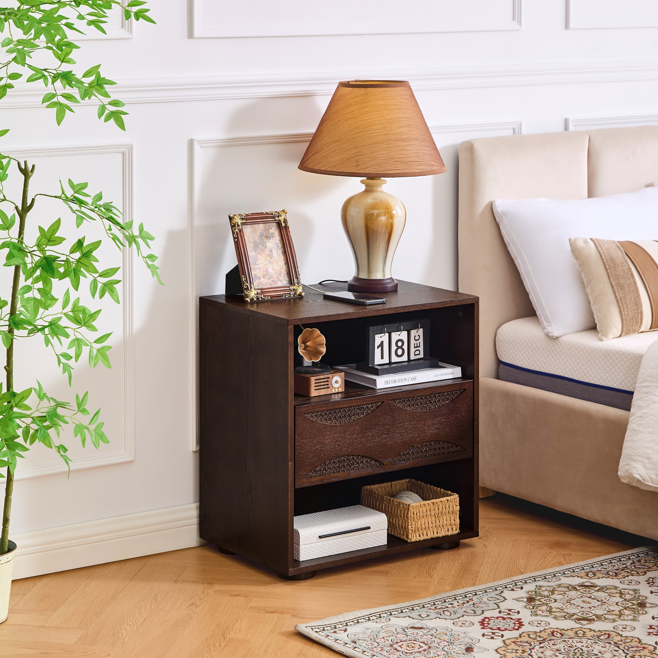 GDF Studio 23.2" Mid Century Modern Rattan Nightstand with Charging Station, Drawer & 2 Open Shelves, Walnut