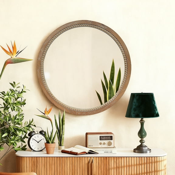 GDF Studio 23.26" Round Distressed Wood Beaded Wall Mirror, Farmhouse Vintage Accent Mirror, Bathroom, Natural
