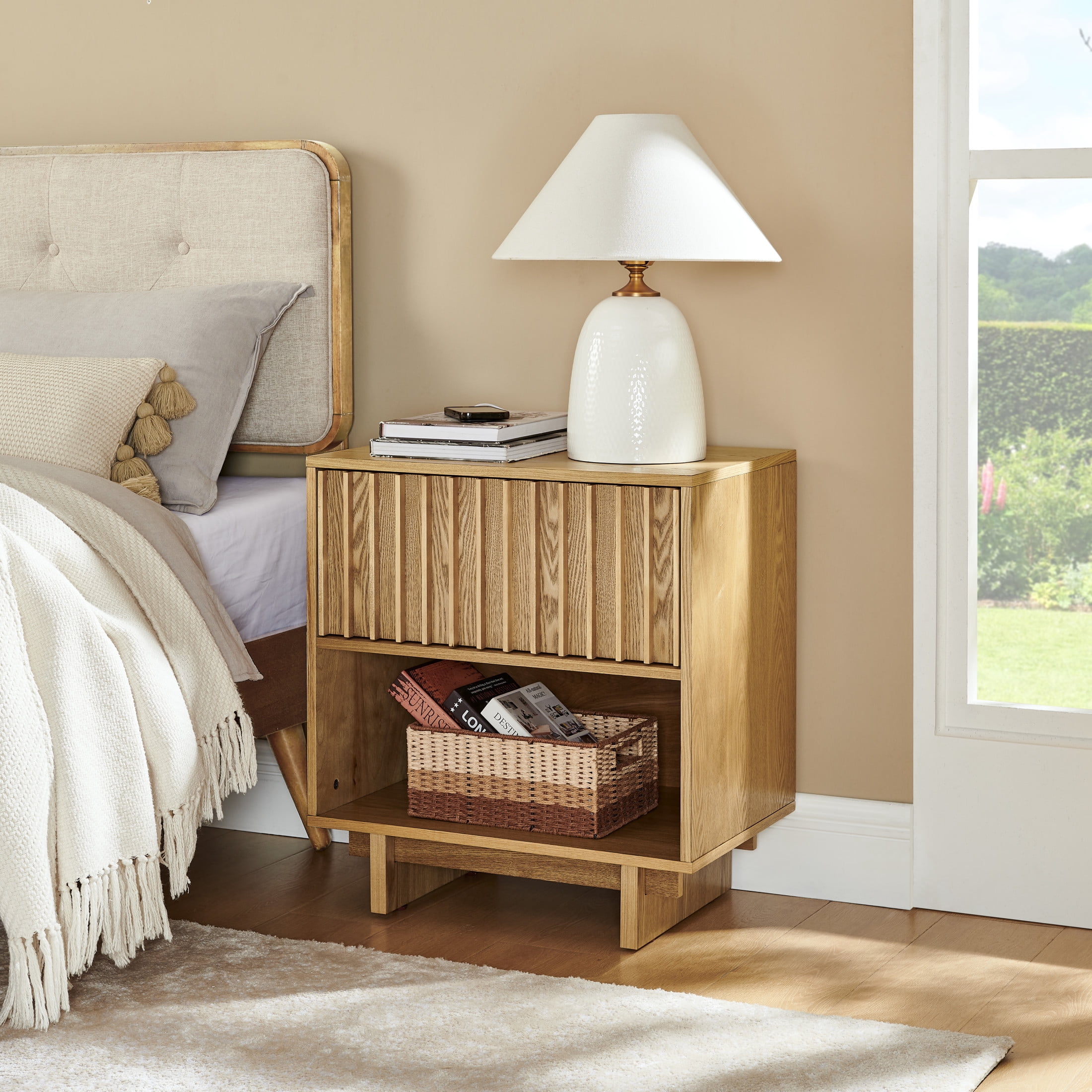 GDF Studio 23.4" Grille Slat Nightstand with Charging Station, Drawer & Open Shelf, Natural