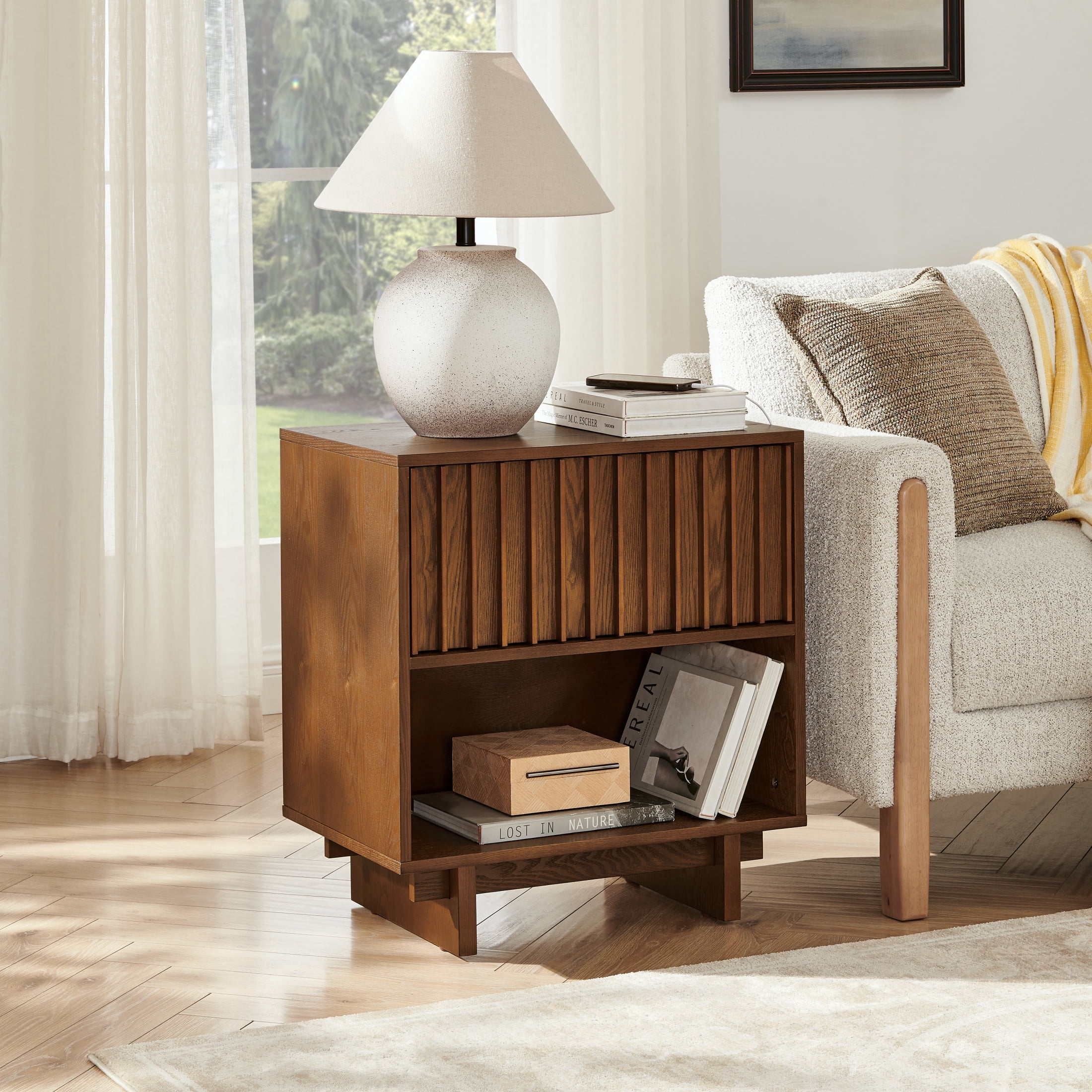 GDF Studio 23.4" Grille Slat Nightstand with Charging Station, Drawer & Open Shelf, Walnut