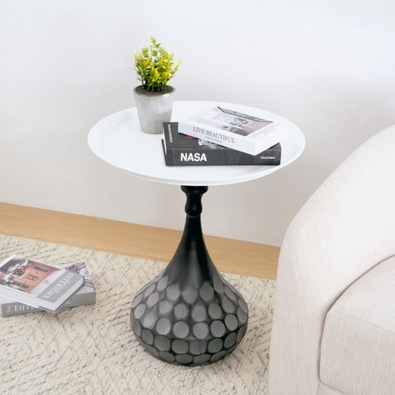 GDF Studio 23.5" Accent Metal Coffee Table with Hand-Hammered Pedestal Design, Modern End Table, White+Black