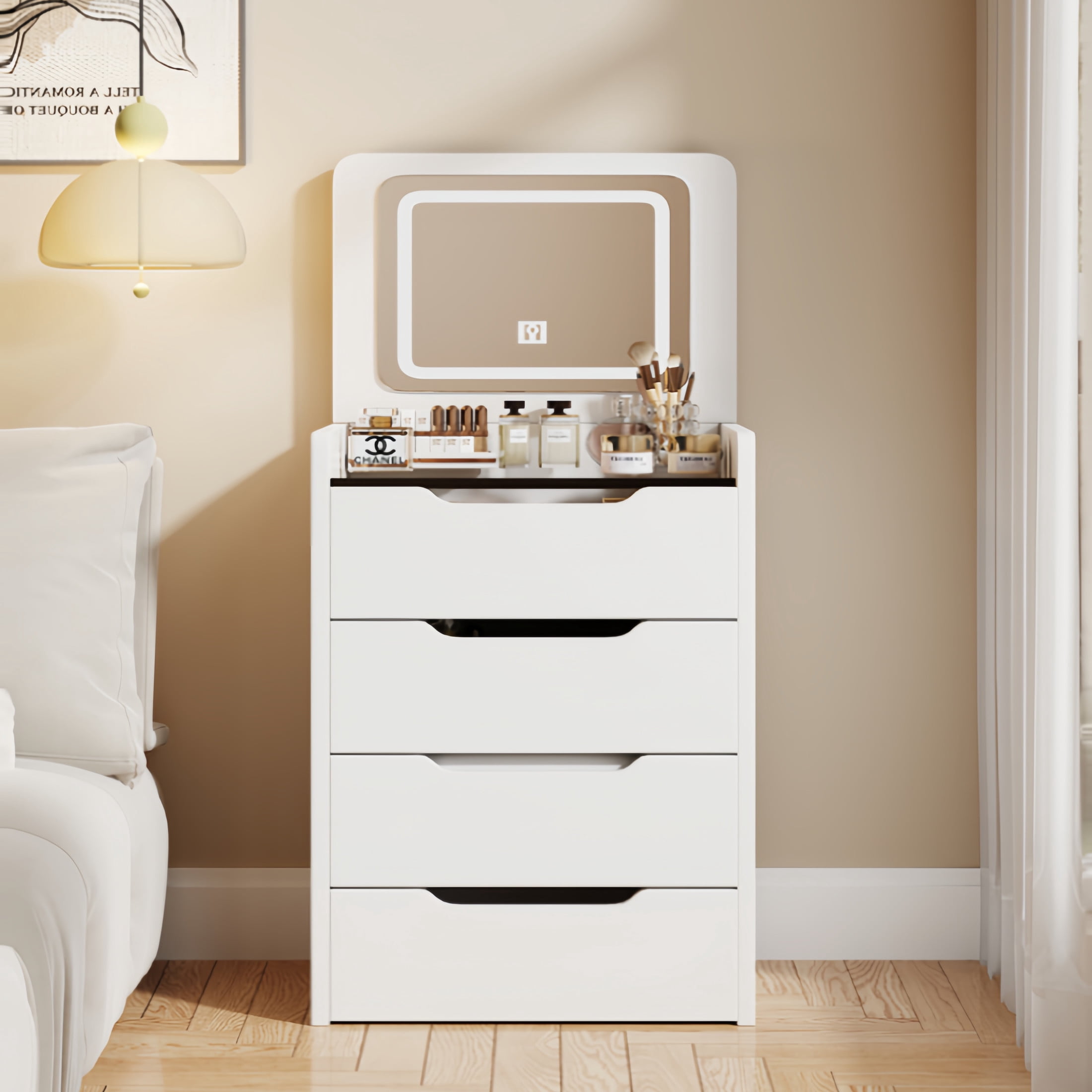 GDF Studio 23.6" 3-in-1 Small Vanity Desk with Flip-Top Mirror, Compact Makeup Table with Glass Desktop, White