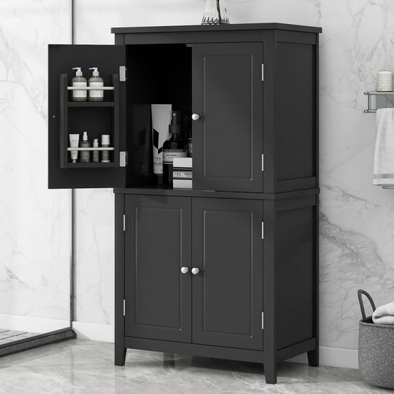 GDF Studio 23.6" Elegant Bathroom Floor Cabinet with 4 Doors, Storage Organizer, Adjustable Shelf, Black